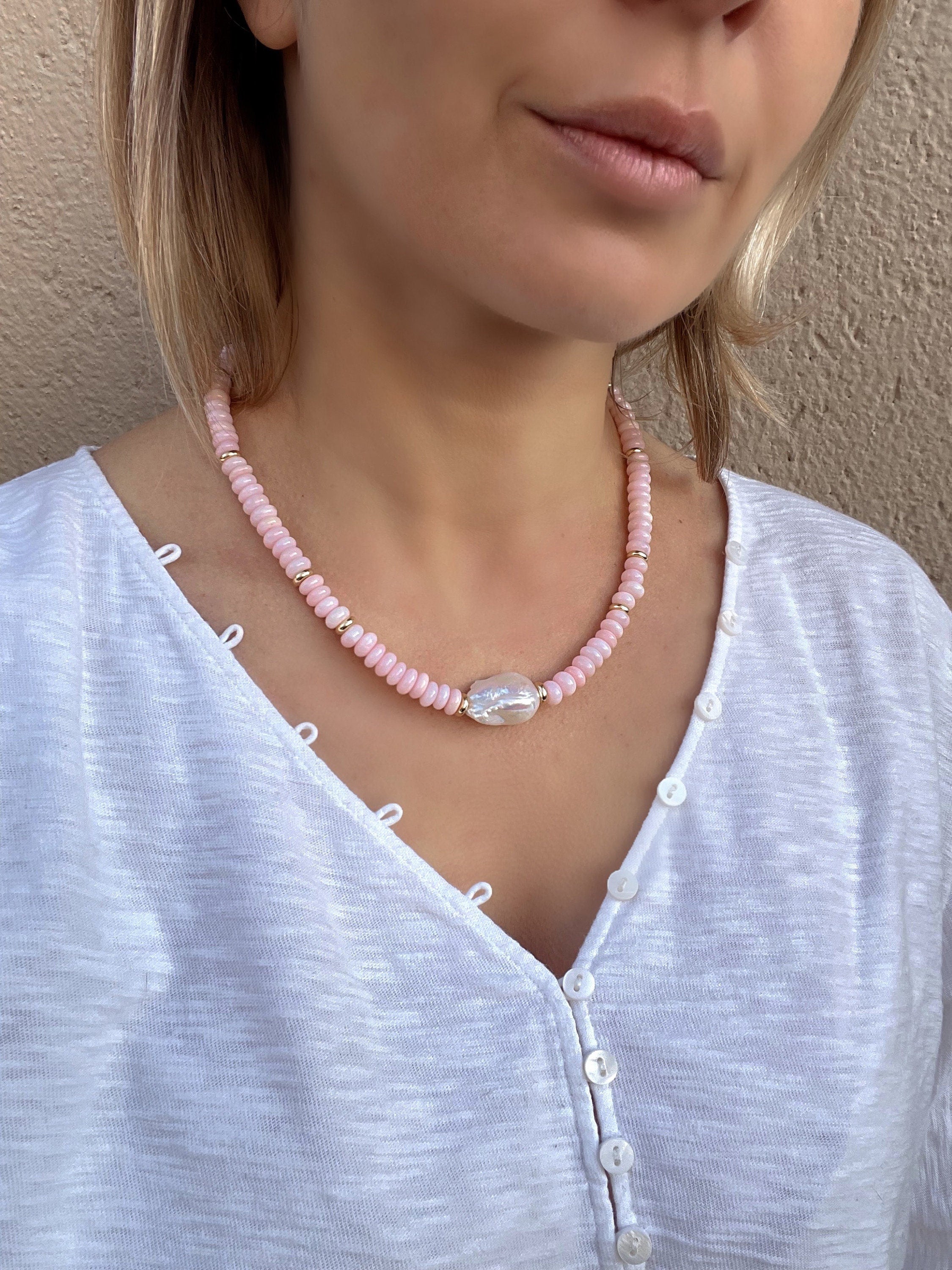 Pink opal and baroque pearl necklace, beaded summer necklace