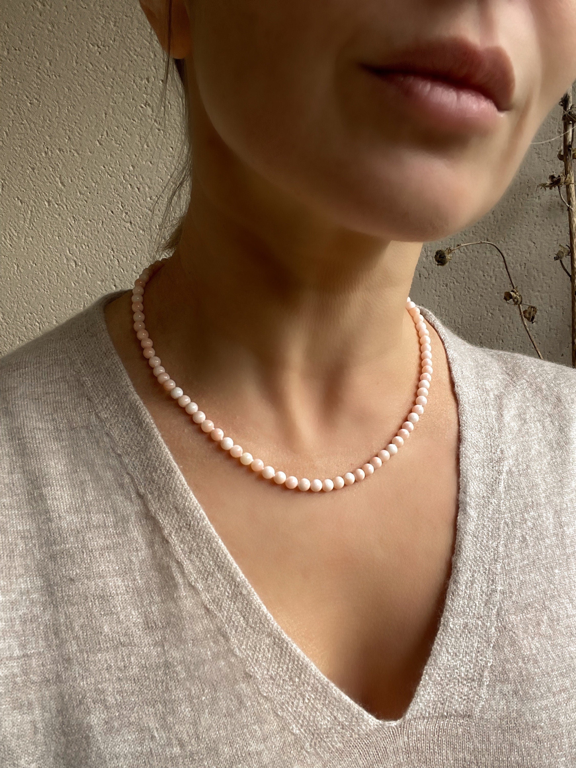 Genuine angel skin coral necklace "Piel de Angel" with solid gold 18k clasp, precious coral from Japan beaded necklace