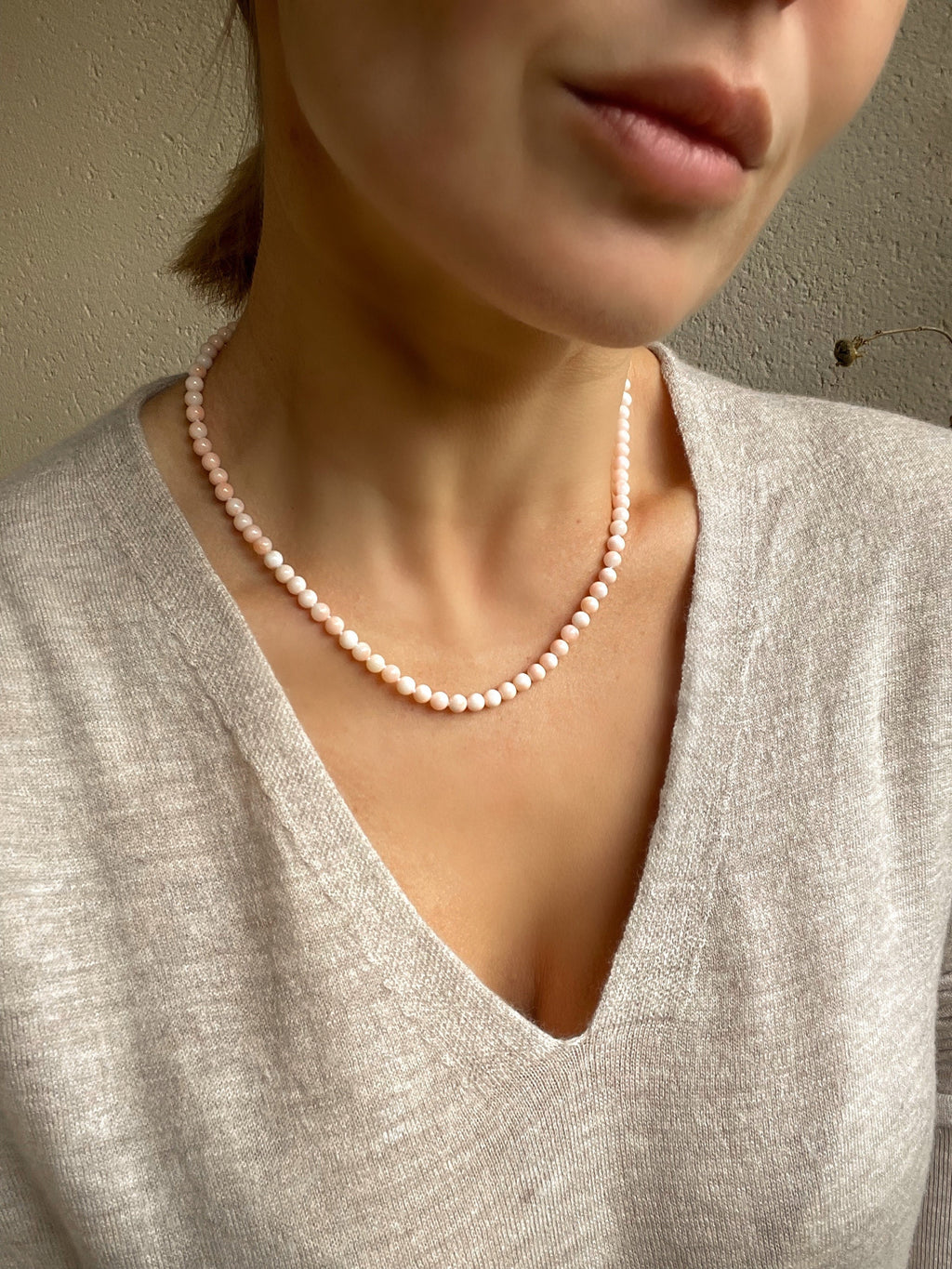 Genuine angel skin coral necklace "Piel de Angel" with solid gold 18k clasp, precious coral from Japan beaded necklace