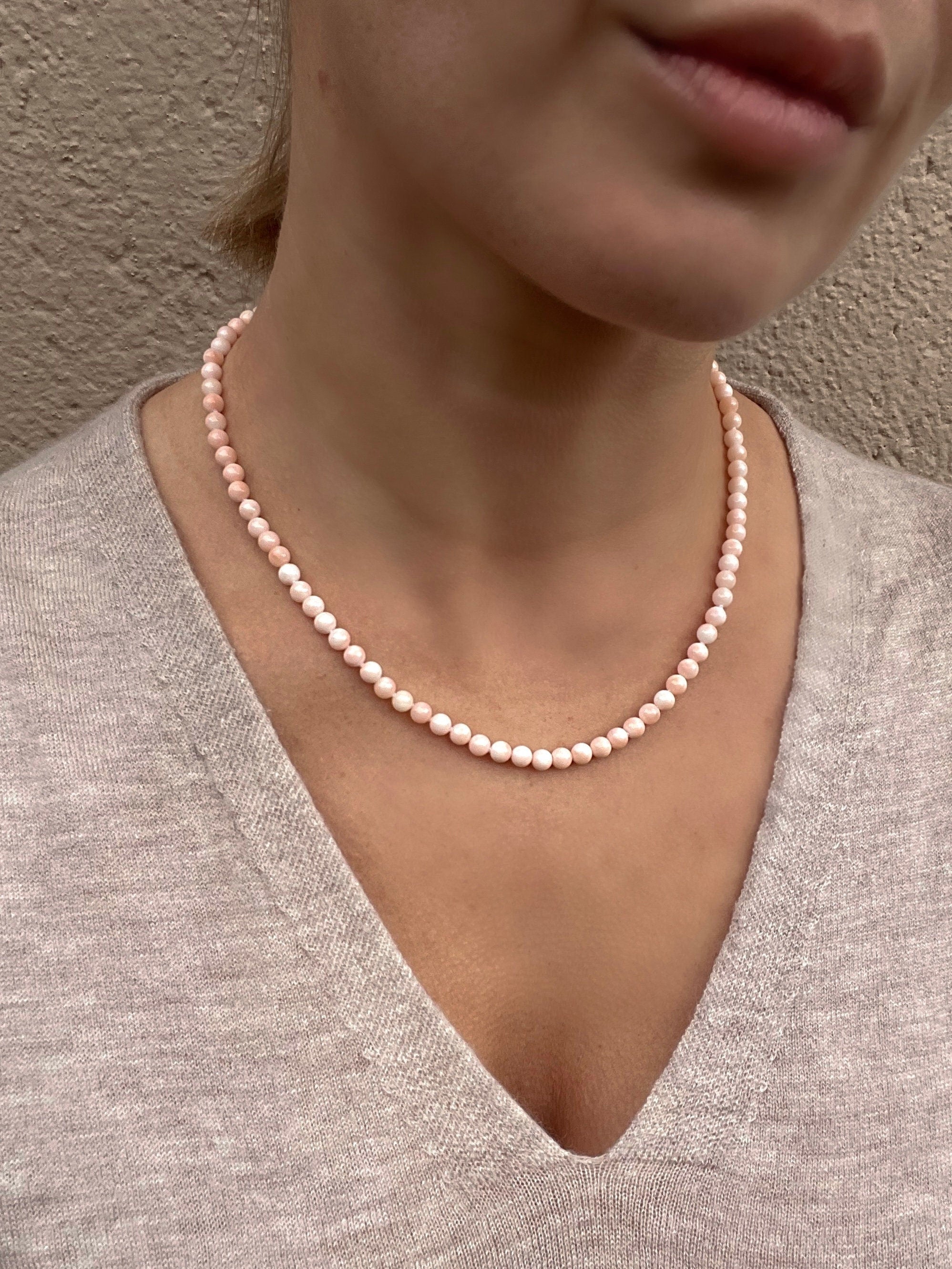 Genuine angel skin coral necklace "Piel de Angel" with solid gold 18k clasp, precious coral from Japan beaded necklace