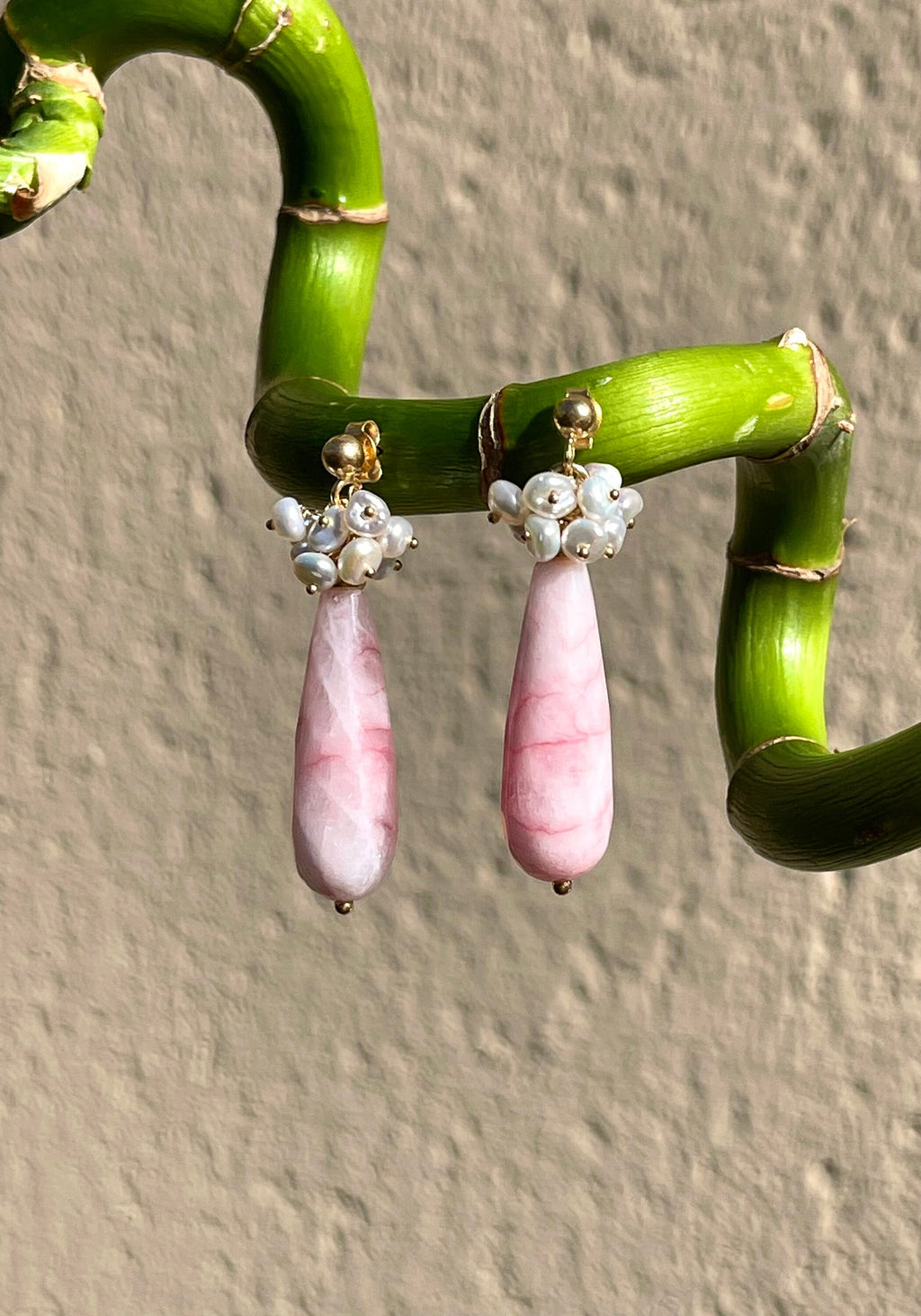 Gemstone cluster earrings, pink chalcedony and keshi pearls drop earrings