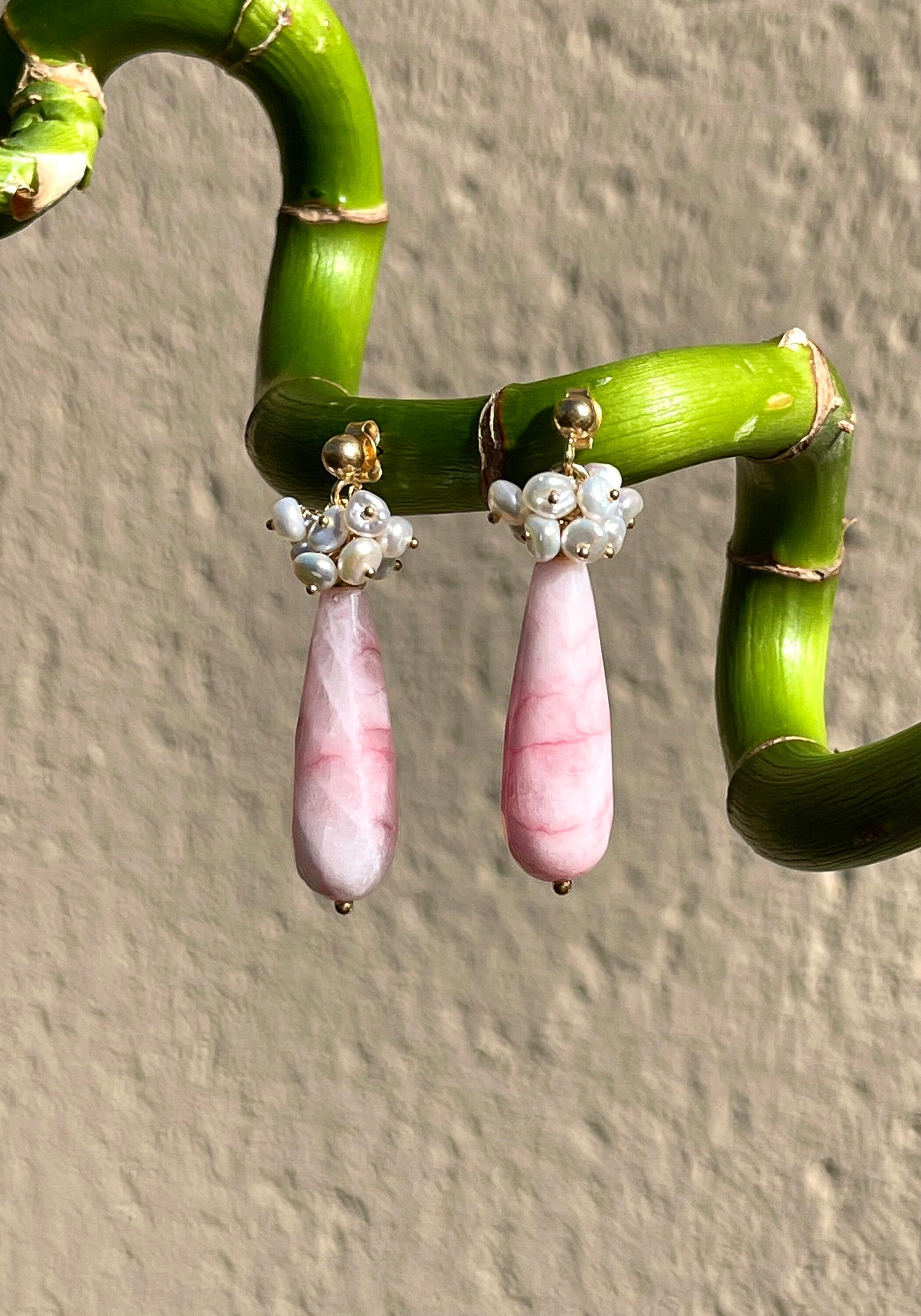 Gemstone cluster earrings, pink chalcedony and keshi pearls drop earrings