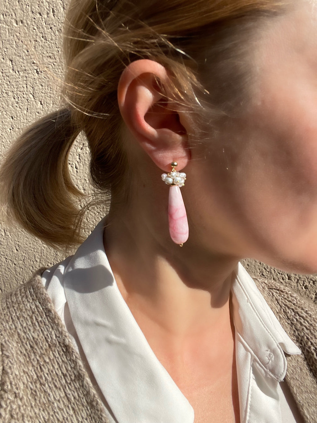 Gemstone cluster earrings, pink chalcedony and keshi pearls drop earrings