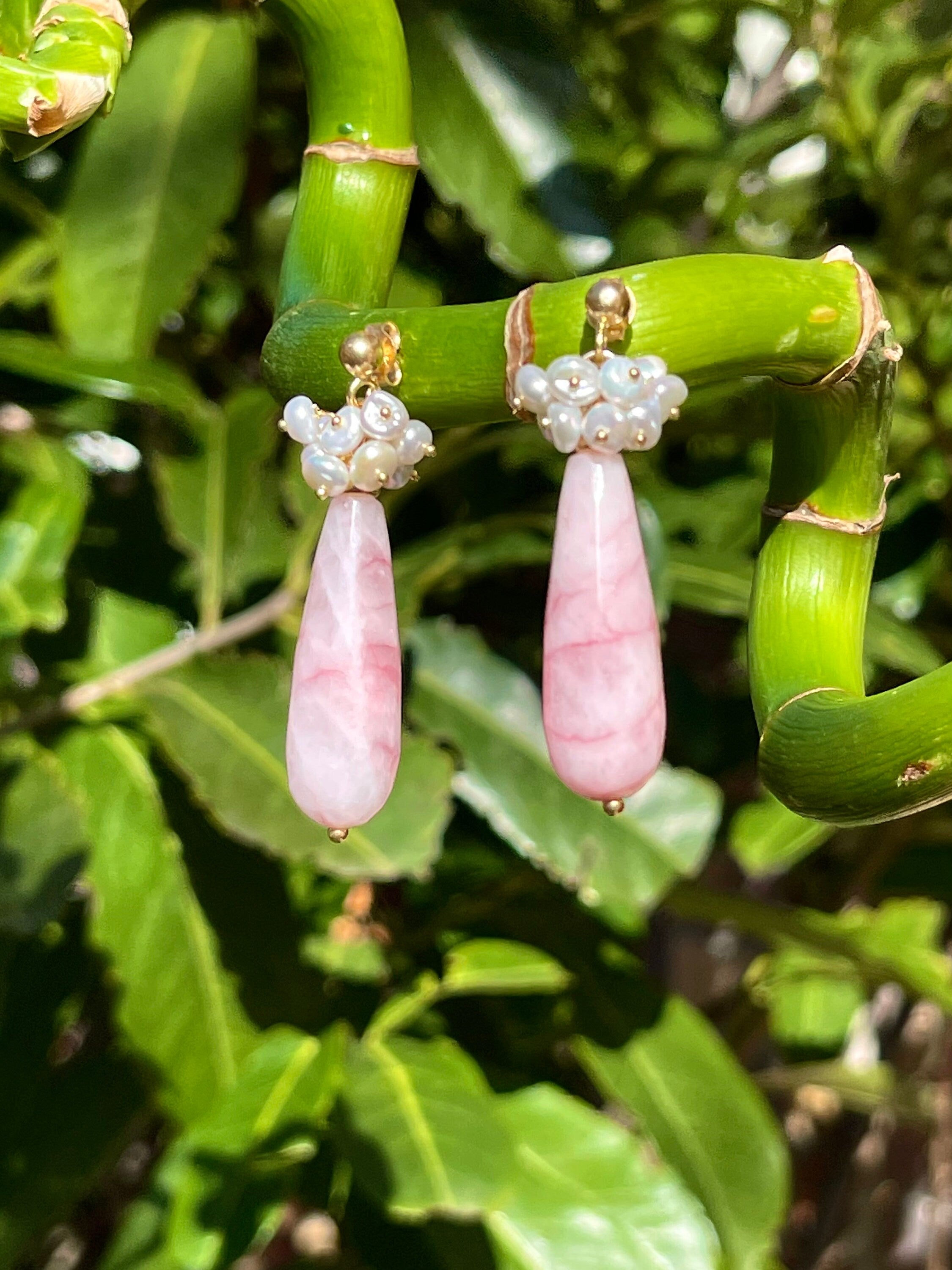 Gemstone cluster earrings, pink chalcedony and keshi pearls drop earrings