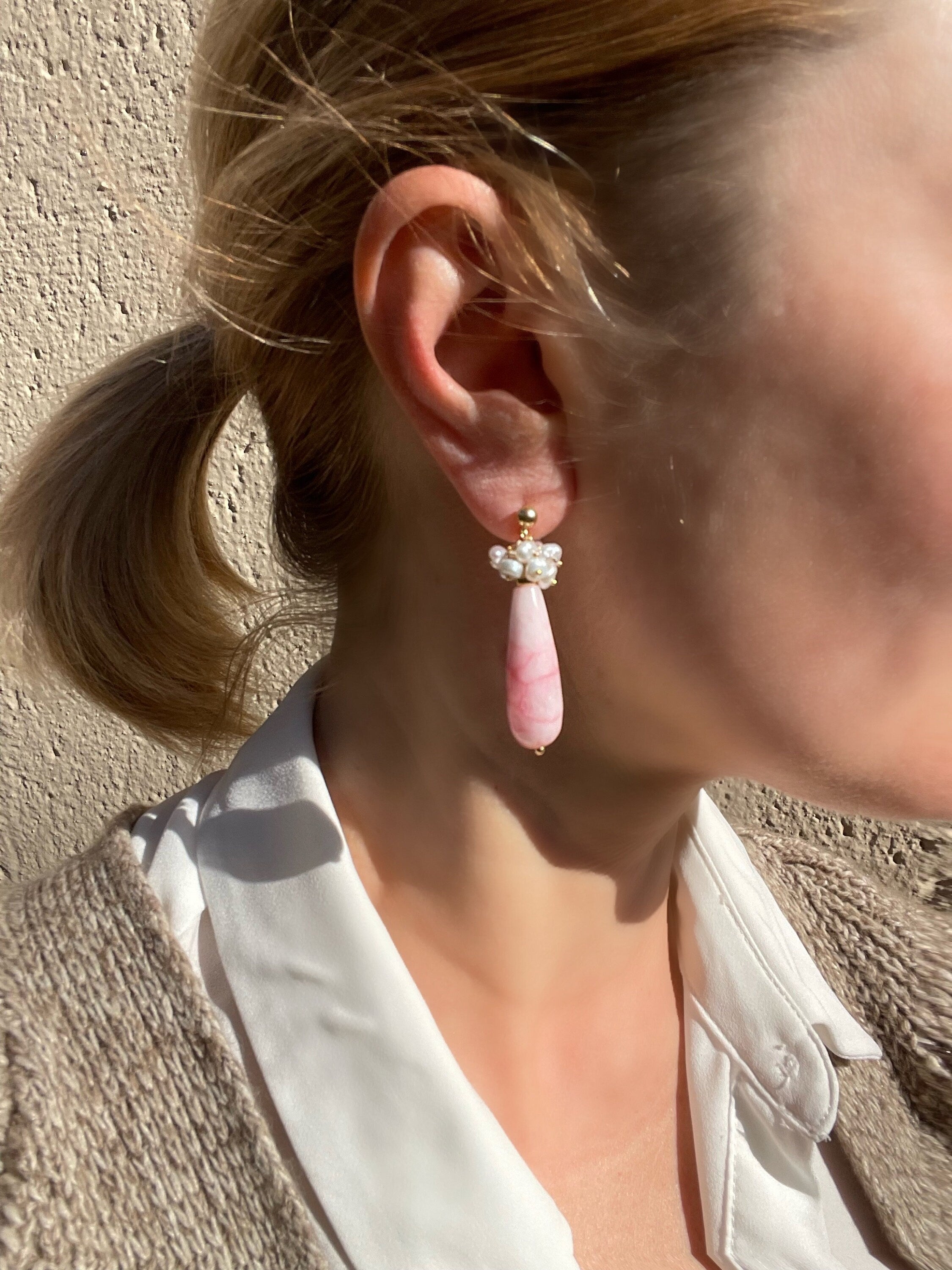Gemstone cluster earrings, pink chalcedony and keshi pearls drop earrings