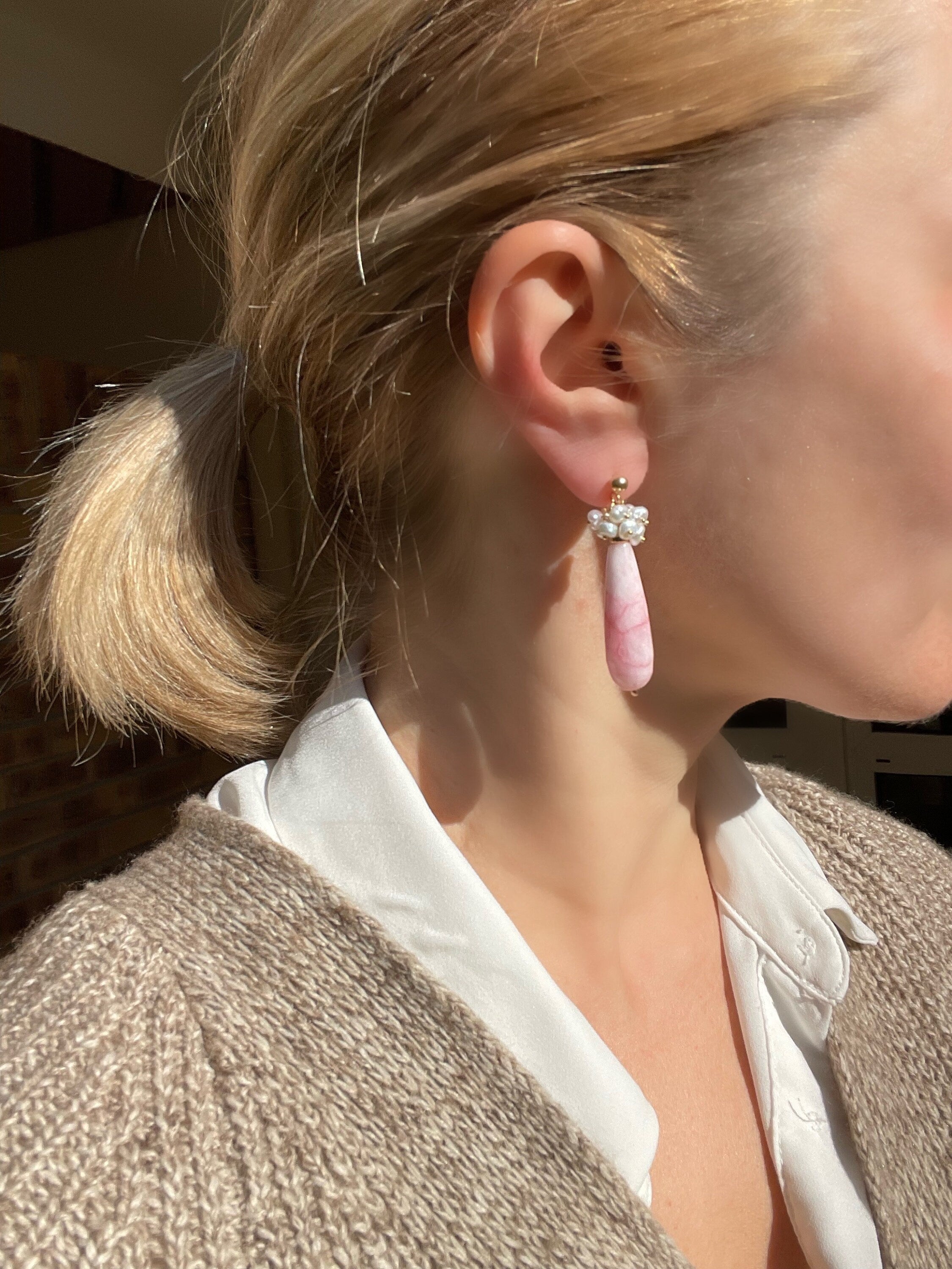 Gemstone cluster earrings, pink chalcedony and keshi pearls drop earrings