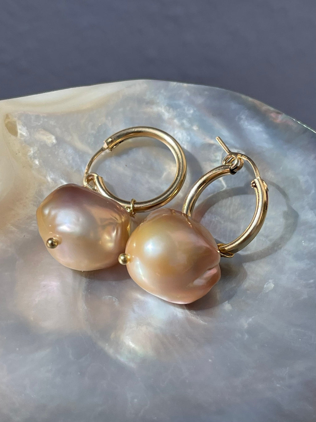 Pink baroque pearl earrings “Alba”, real freshwater pearls, golden hoops, 18k gold filled, boho earrings