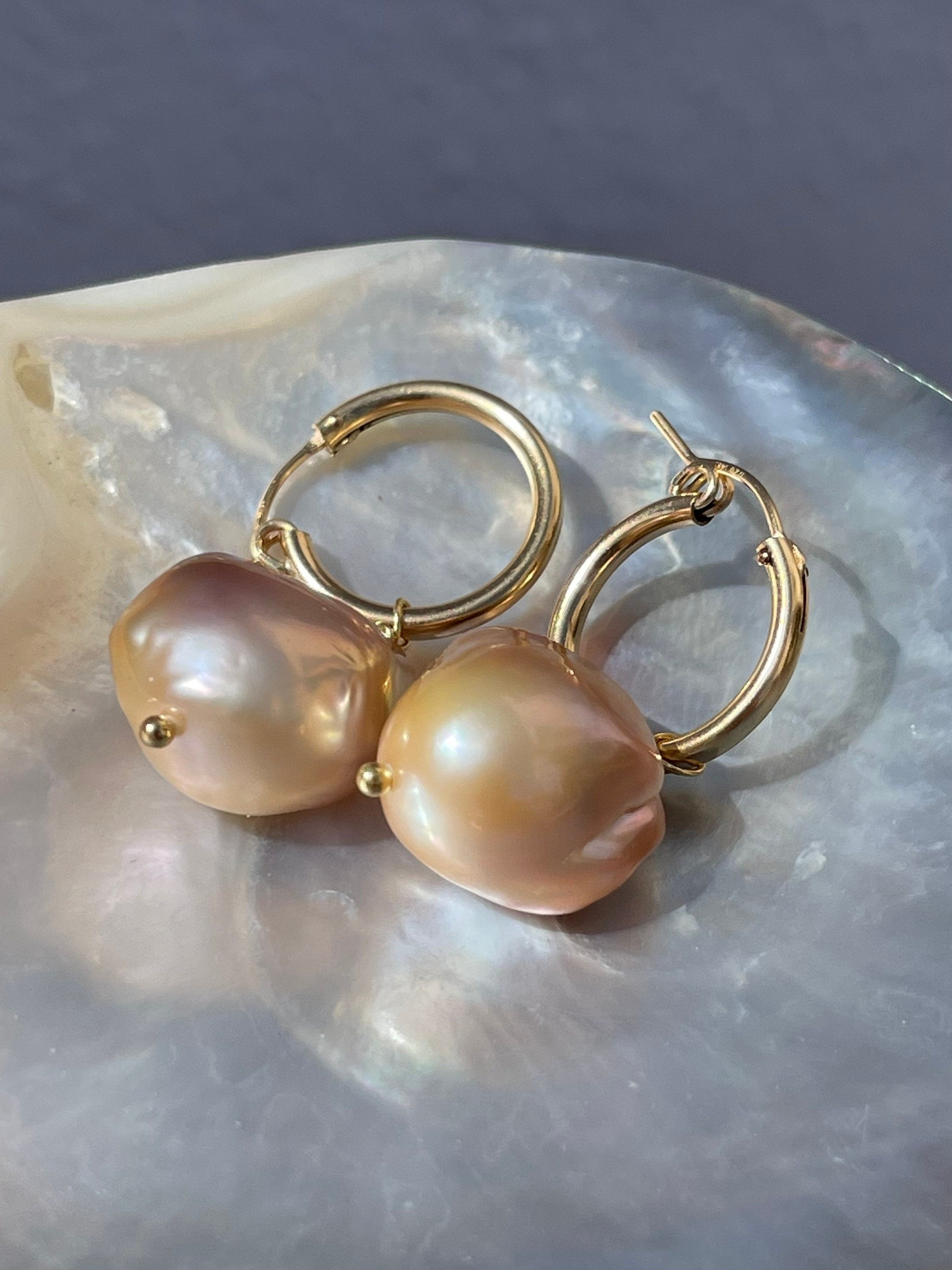 Pink baroque pearl earrings “Alba”, real freshwater pearls, golden hoops, 18k gold filled, boho earrings