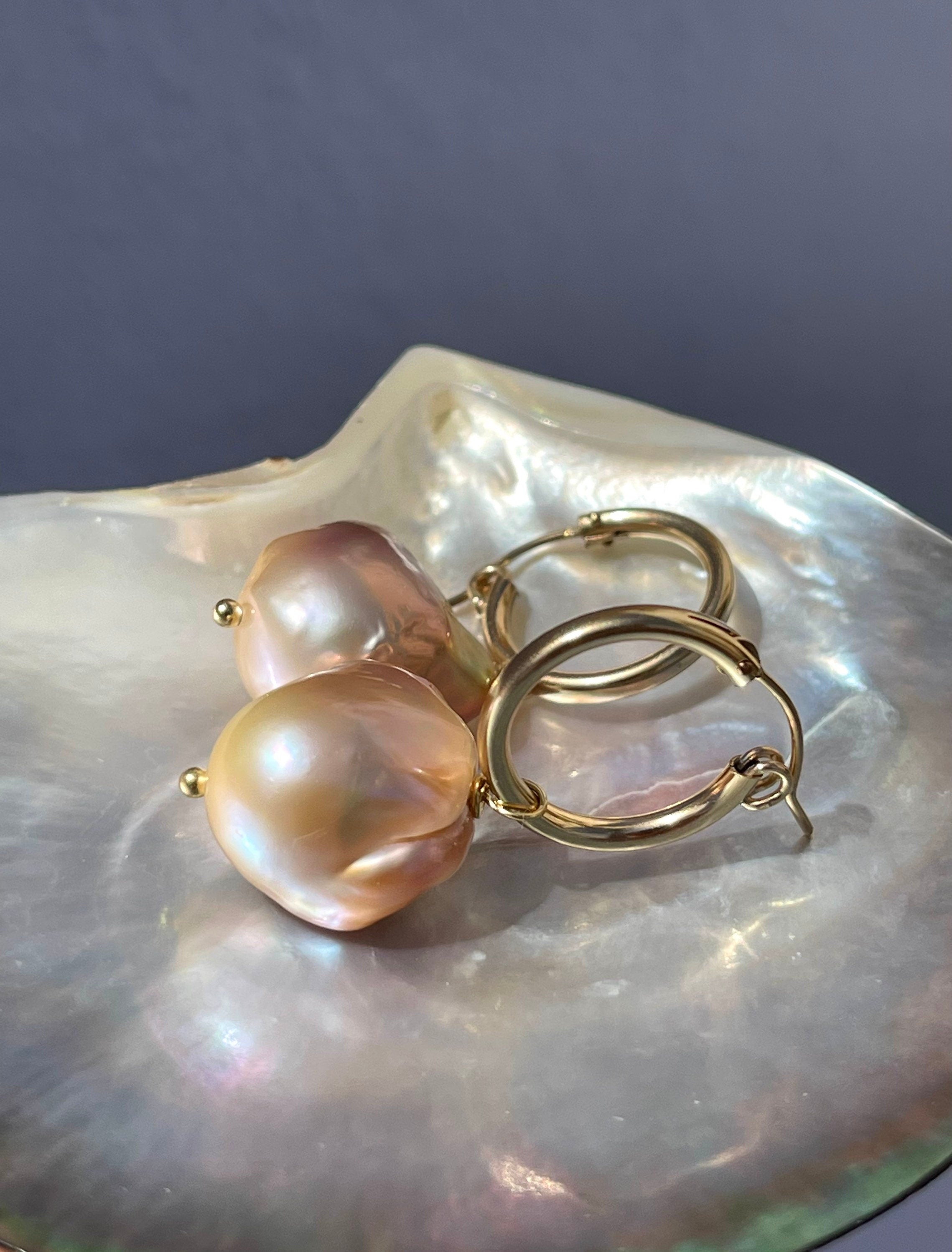 Pink baroque pearl earrings “Alba”, real freshwater pearls, golden hoops, 18k gold filled, boho earrings