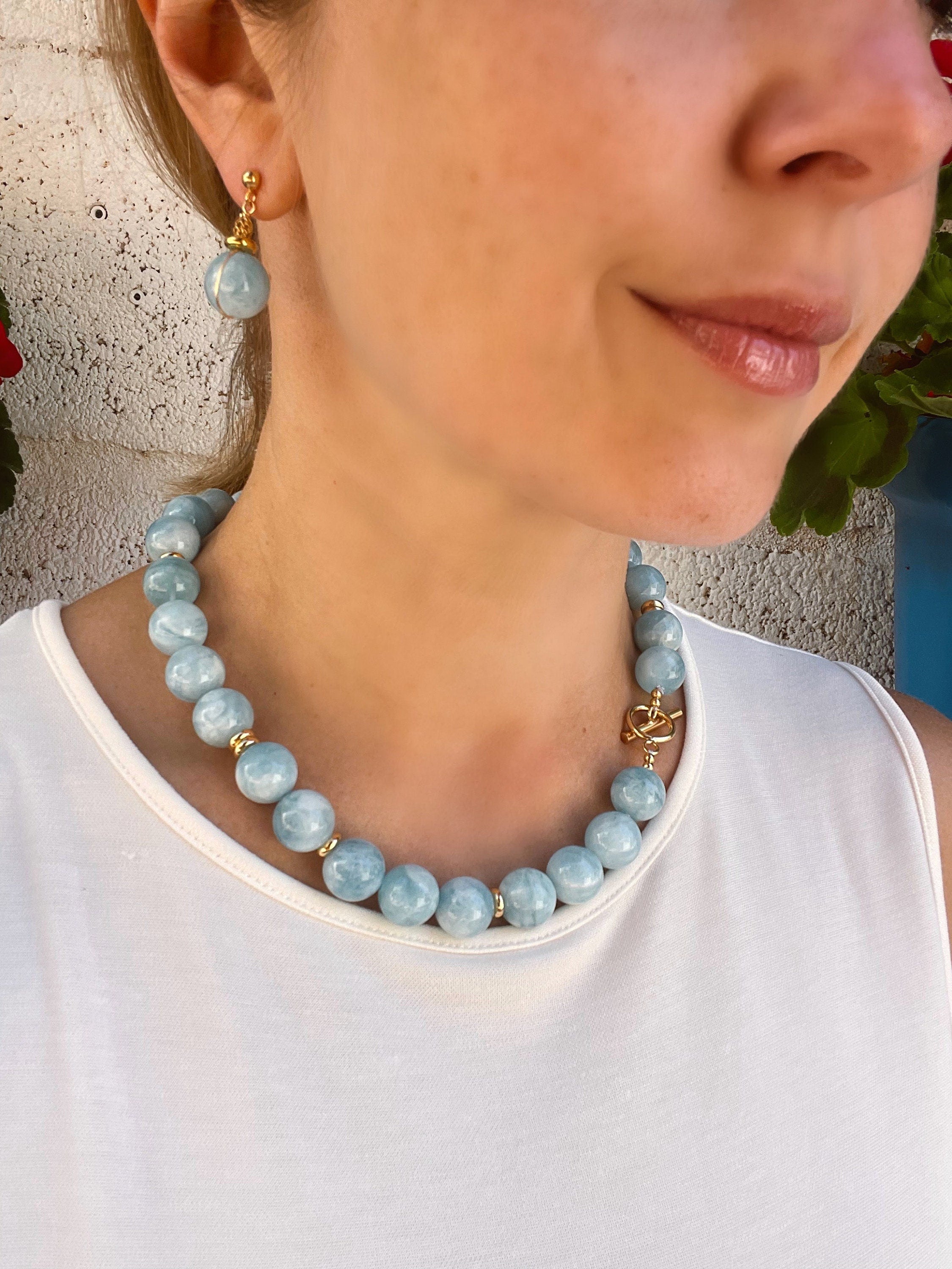 Chunky aquamarine gumball beaded necklace, oversized genuine aquamarine necklace