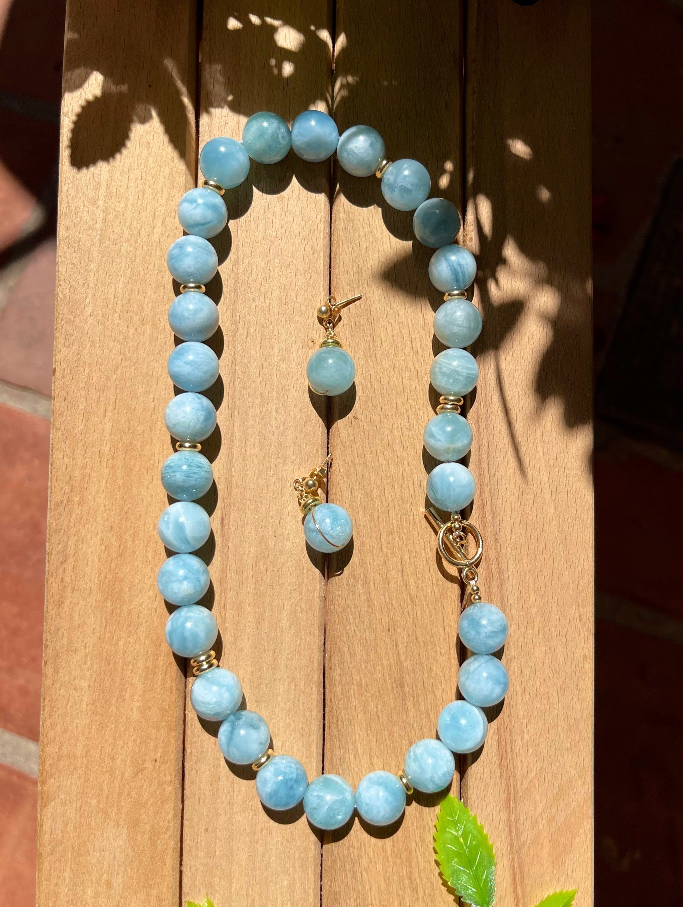 Chunky aquamarine gumball beaded necklace, oversized genuine aquamarine necklace