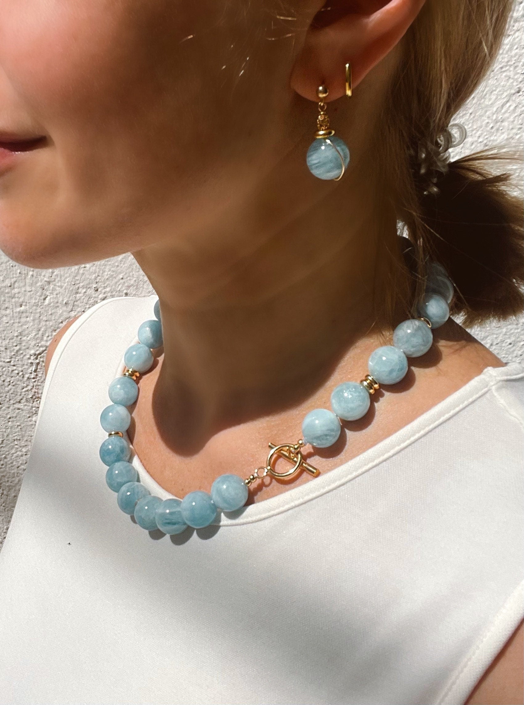 Chunky aquamarine gumball beaded necklace, oversized genuine aquamarine necklace