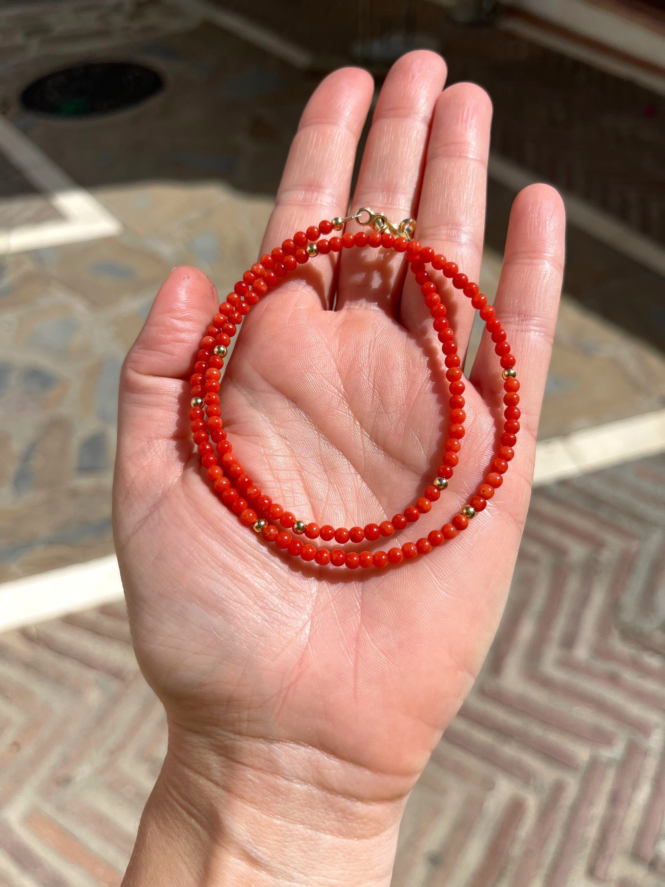 Mediterranean coral beaded necklace, minimalist jewelry, precious red coral necklace