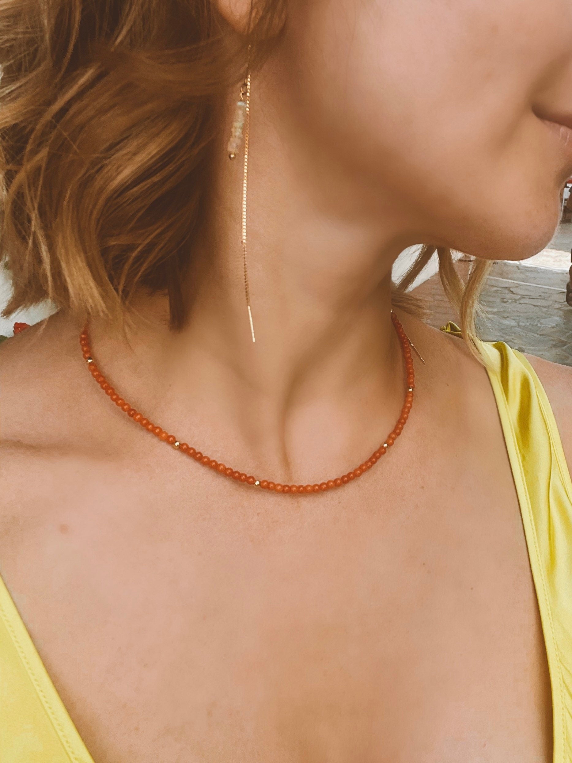 Mediterranean coral beaded necklace, minimalist jewelry, precious red coral necklace