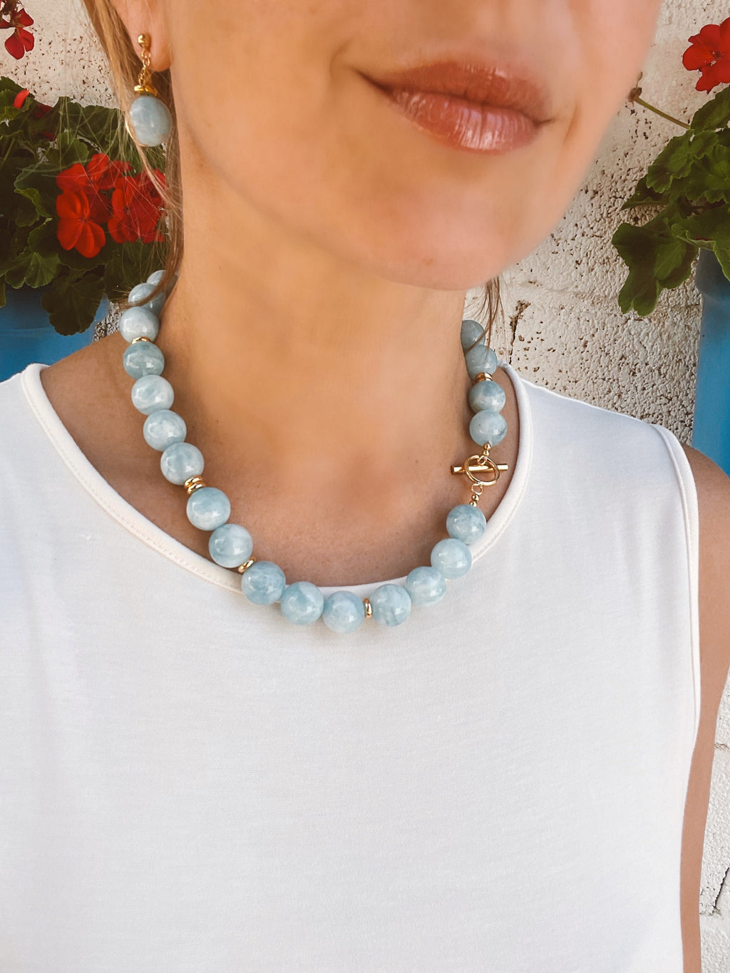Chunky aquamarine gumball beaded necklace, oversized genuine aquamarine necklace