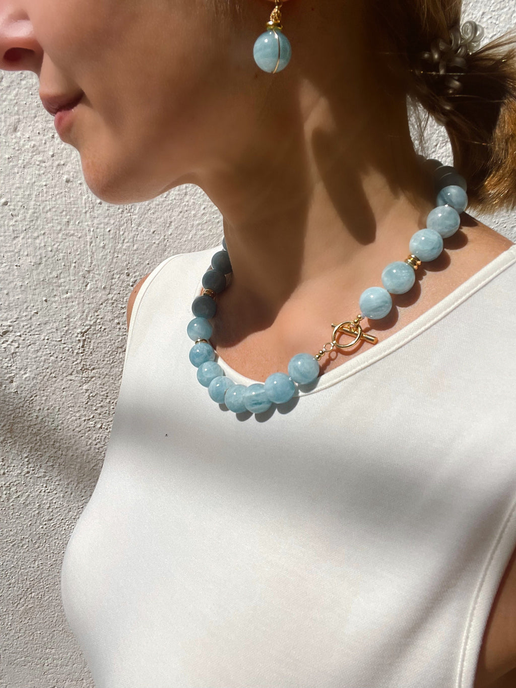 Chunky aquamarine gumball beaded necklace, oversized genuine aquamarine necklace