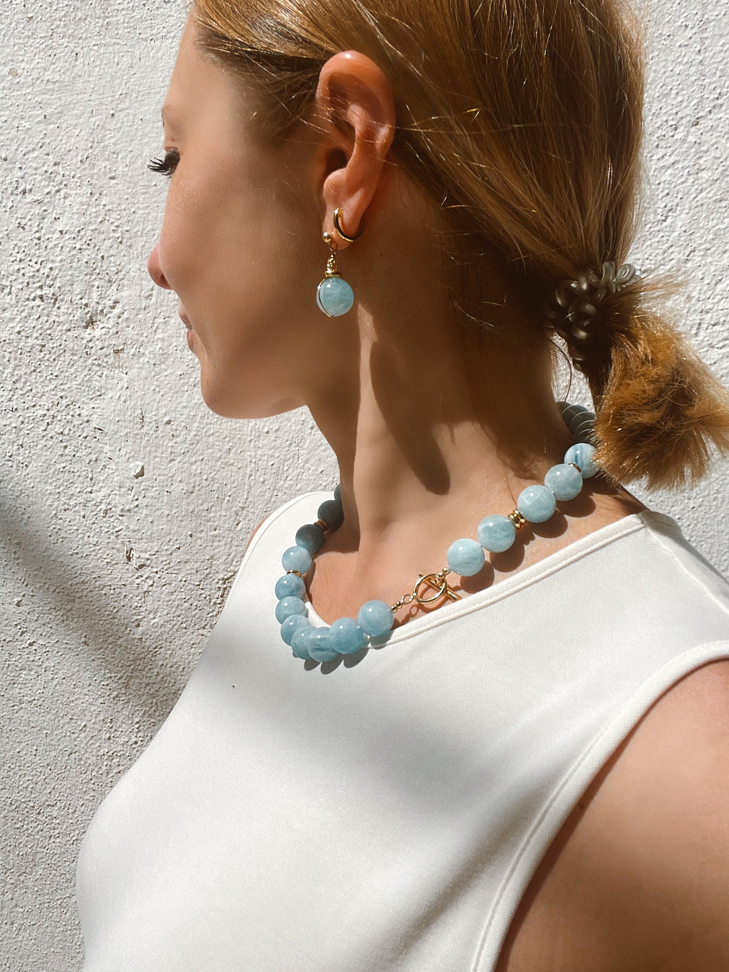 Chunky aquamarine gumball beaded necklace, oversized genuine aquamarine necklace