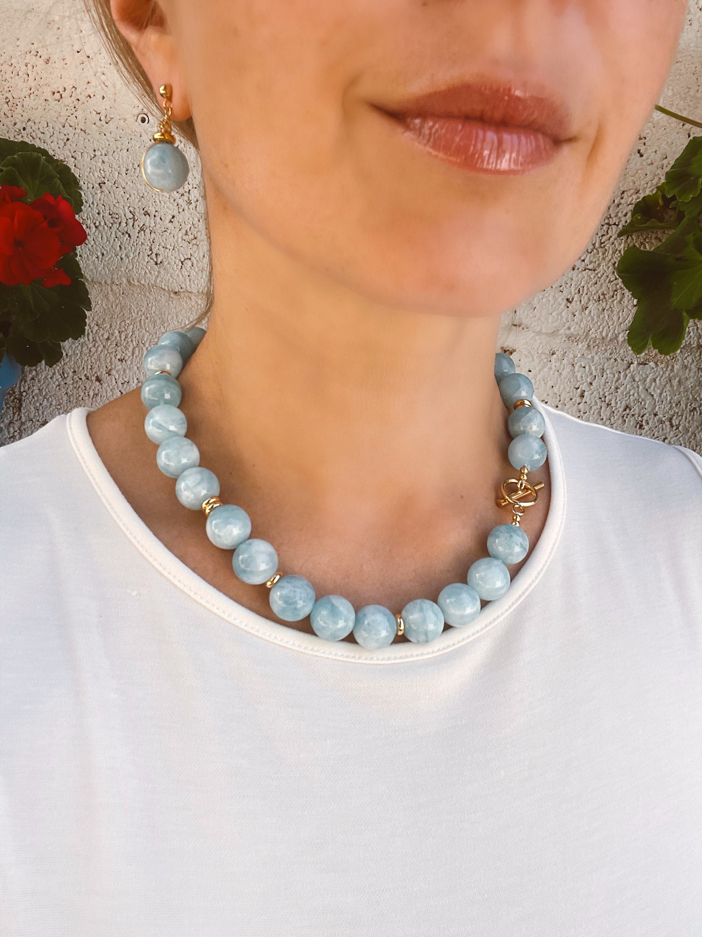 Chunky aquamarine gumball beaded necklace, oversized genuine aquamarine necklace