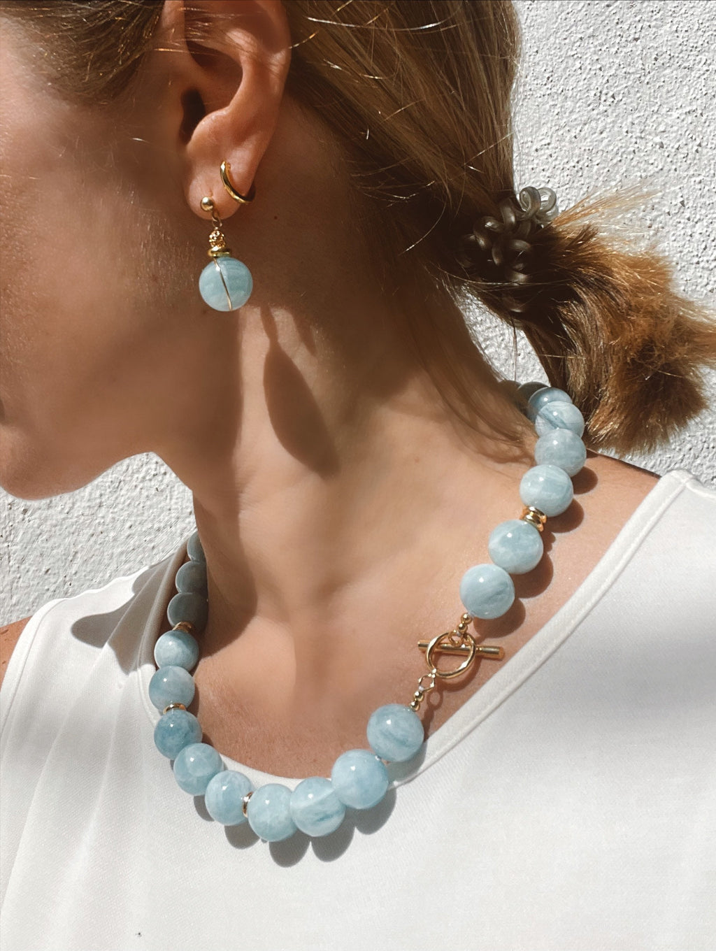 Chunky aquamarine gumball beaded necklace, oversized genuine aquamarine necklace