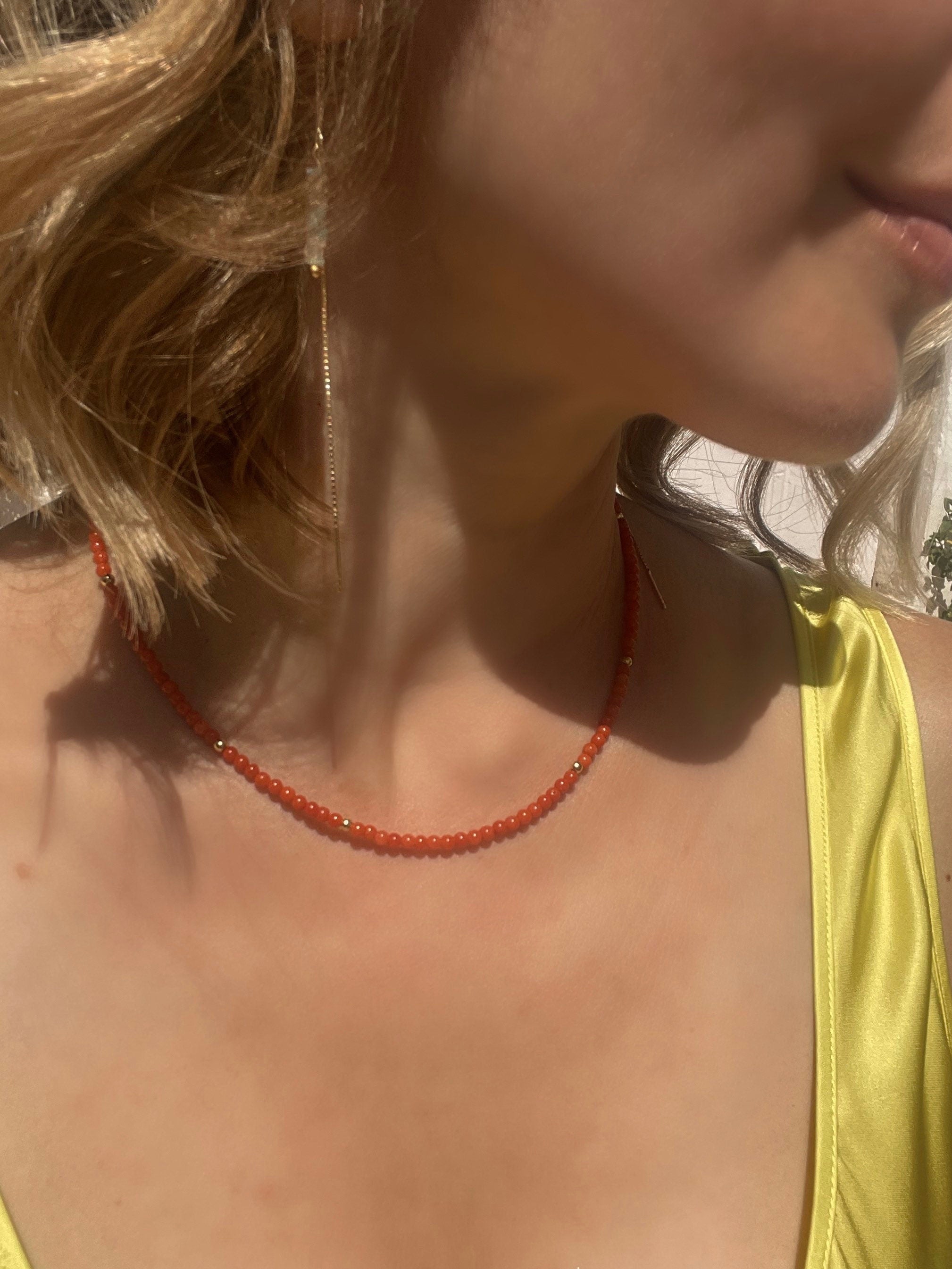 Mediterranean coral beaded necklace, minimalist jewelry, precious red coral necklace