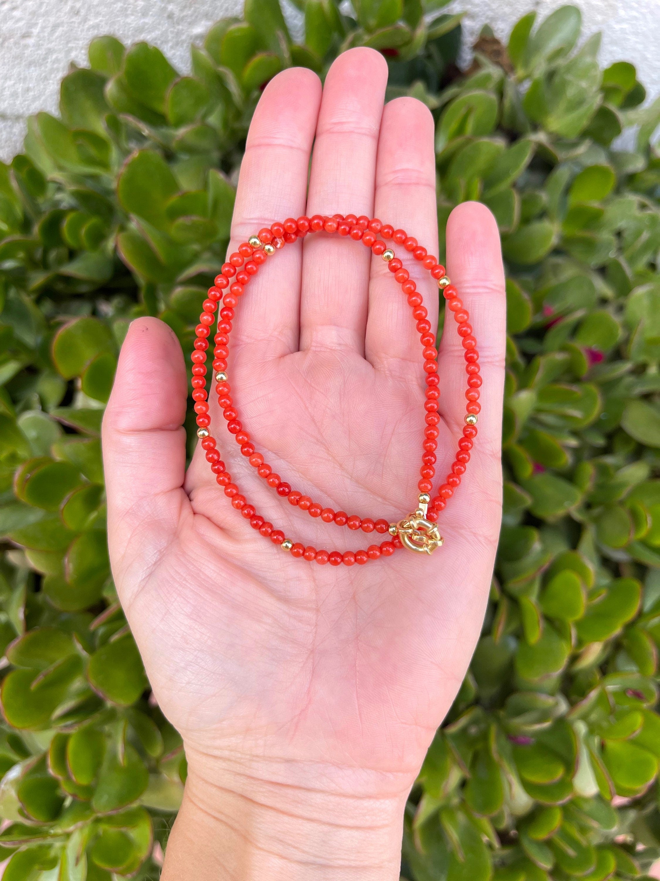 Mediterranean coral beaded necklace, minimalist jewelry, precious red coral necklace