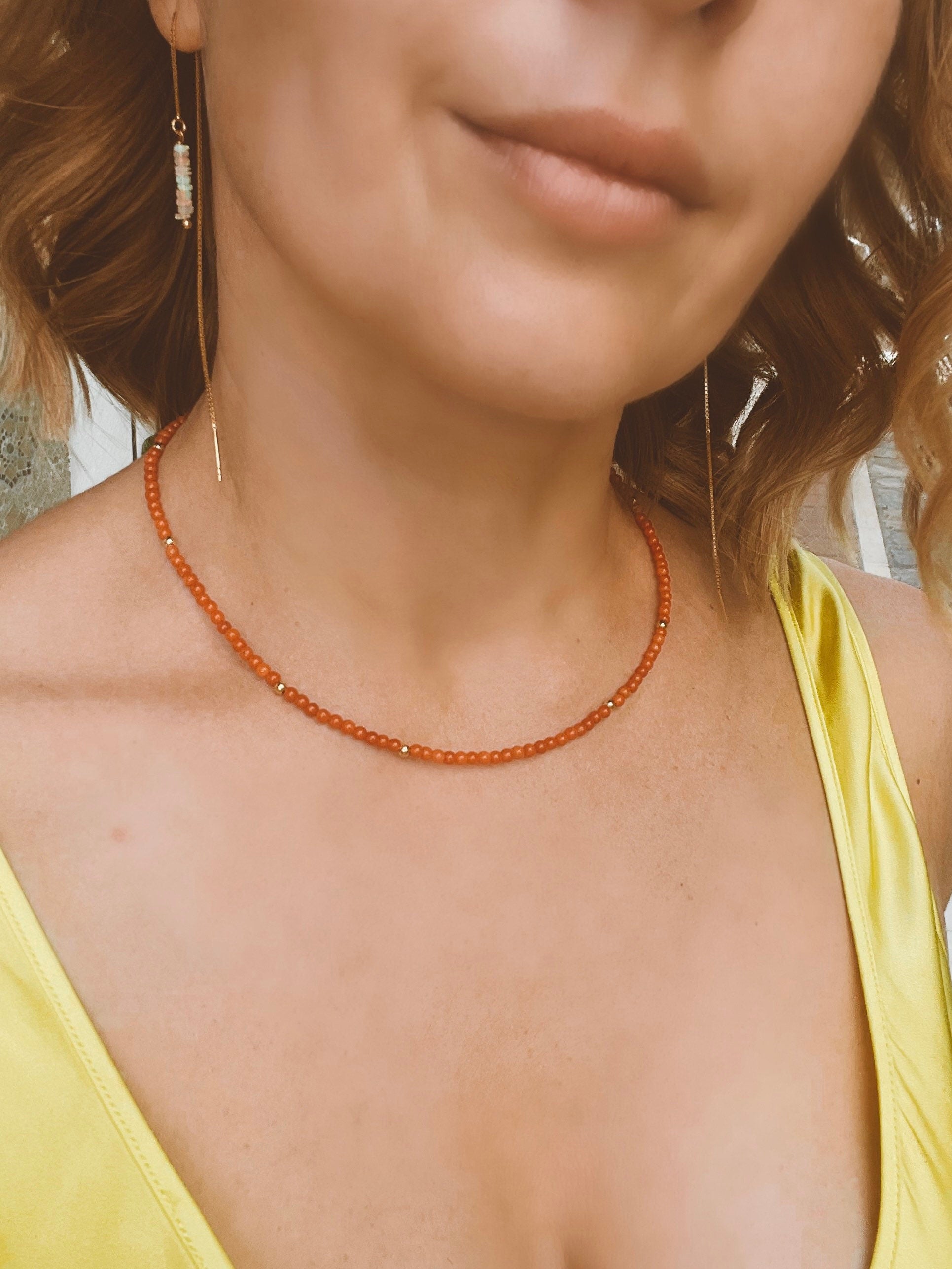 Mediterranean coral beaded necklace, minimalist jewelry, precious red coral necklace
