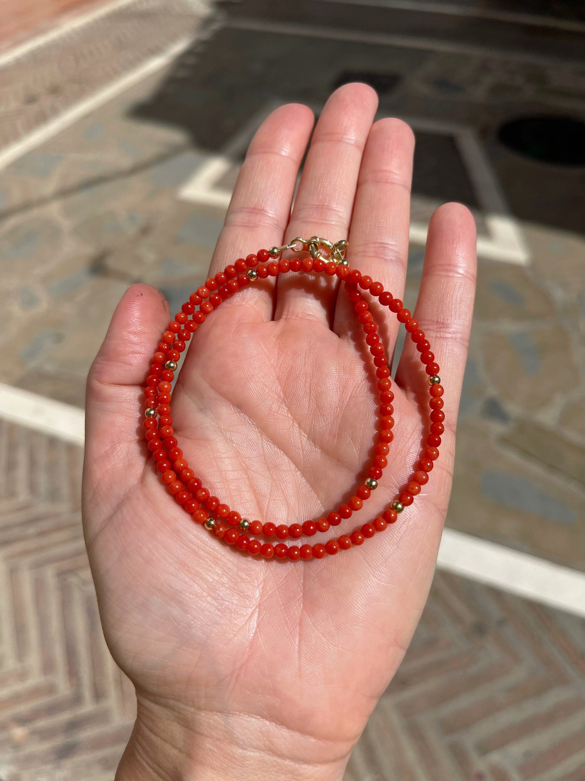 Mediterranean coral beaded necklace, minimalist jewelry, precious red coral necklace