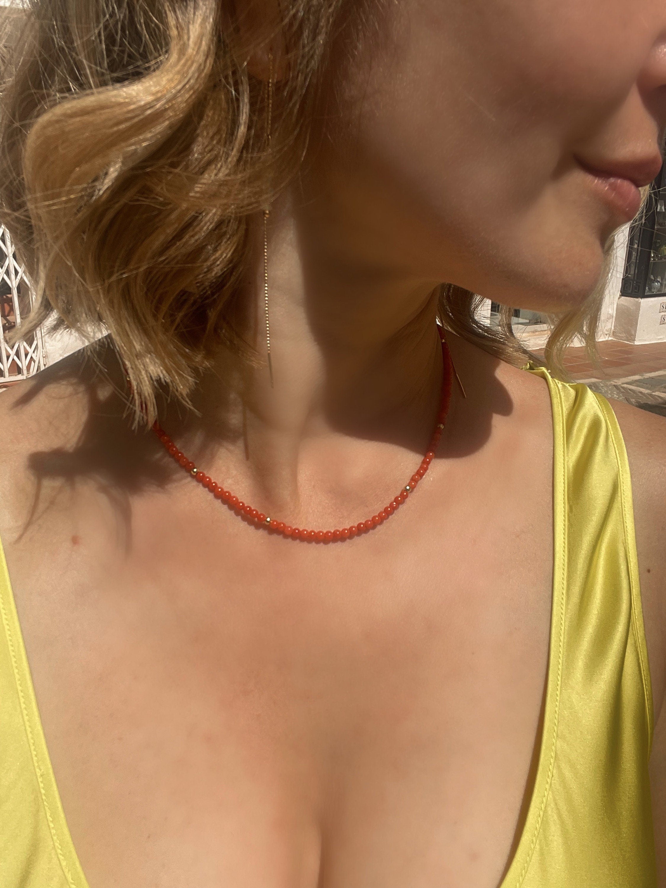 Mediterranean coral beaded necklace, minimalist jewelry, precious red coral necklace