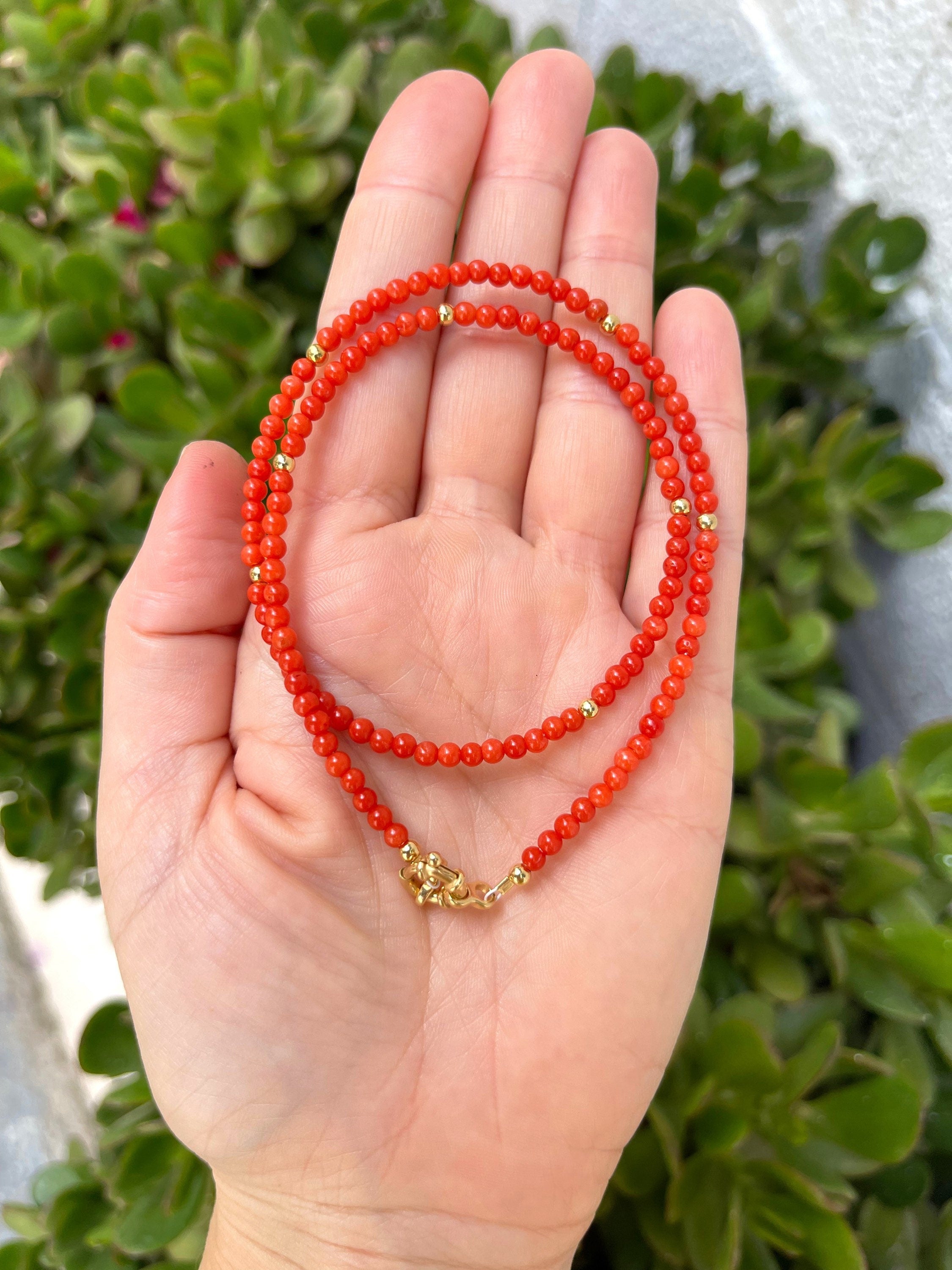 Mediterranean coral beaded necklace, minimalist jewelry, precious red coral necklace
