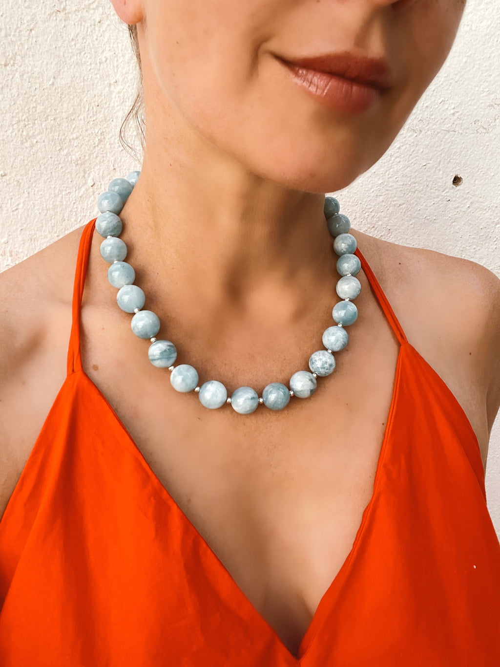 Chunky aquamarine beaded necklace, oversized genuine aquamarine necklace in sterling silver