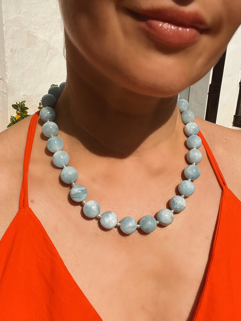 Chunky aquamarine beaded necklace, oversized genuine aquamarine necklace in sterling silver