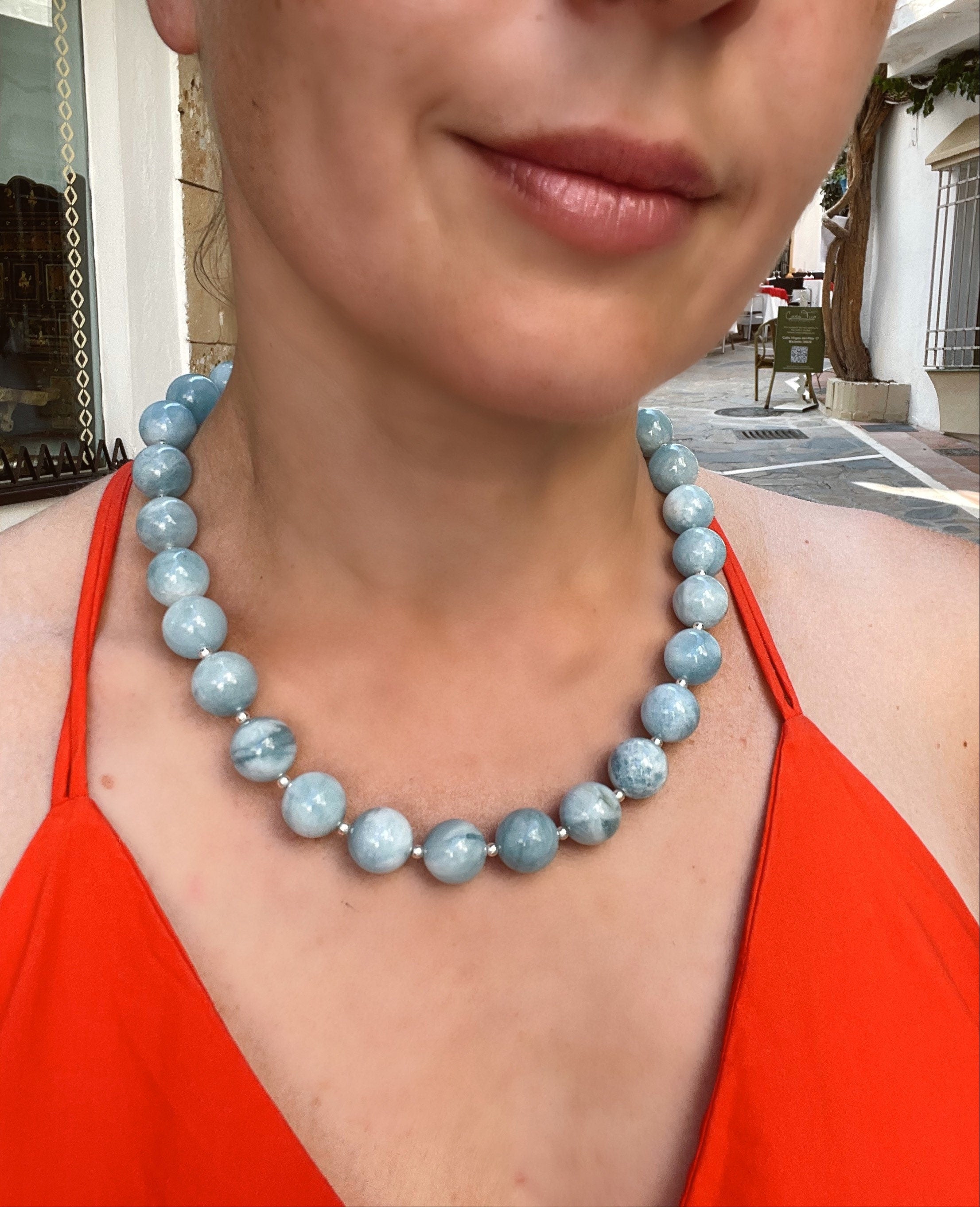 Chunky aquamarine beaded necklace, oversized genuine aquamarine necklace in sterling silver