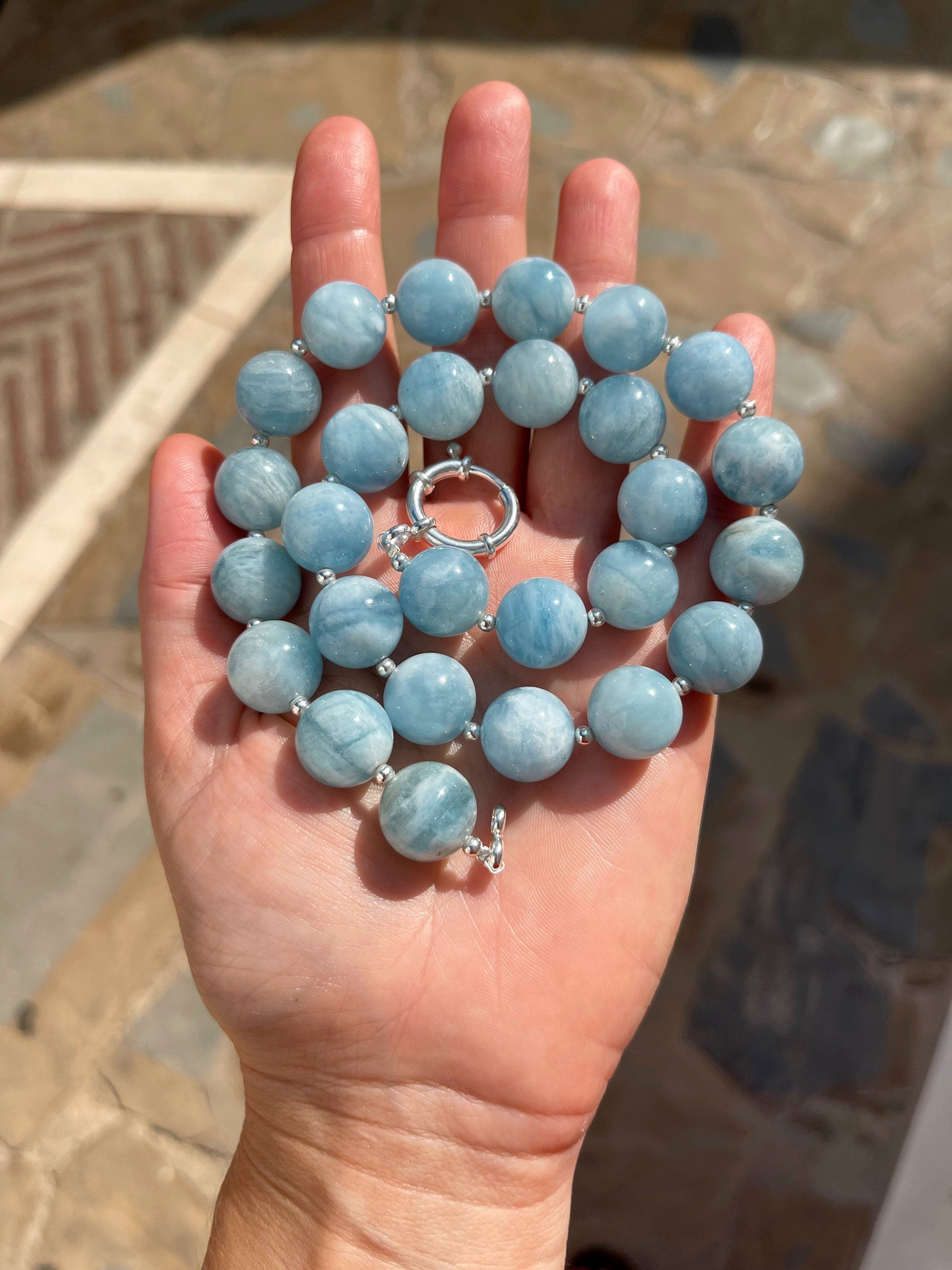 Chunky aquamarine beaded necklace, oversized genuine aquamarine necklace in sterling silver