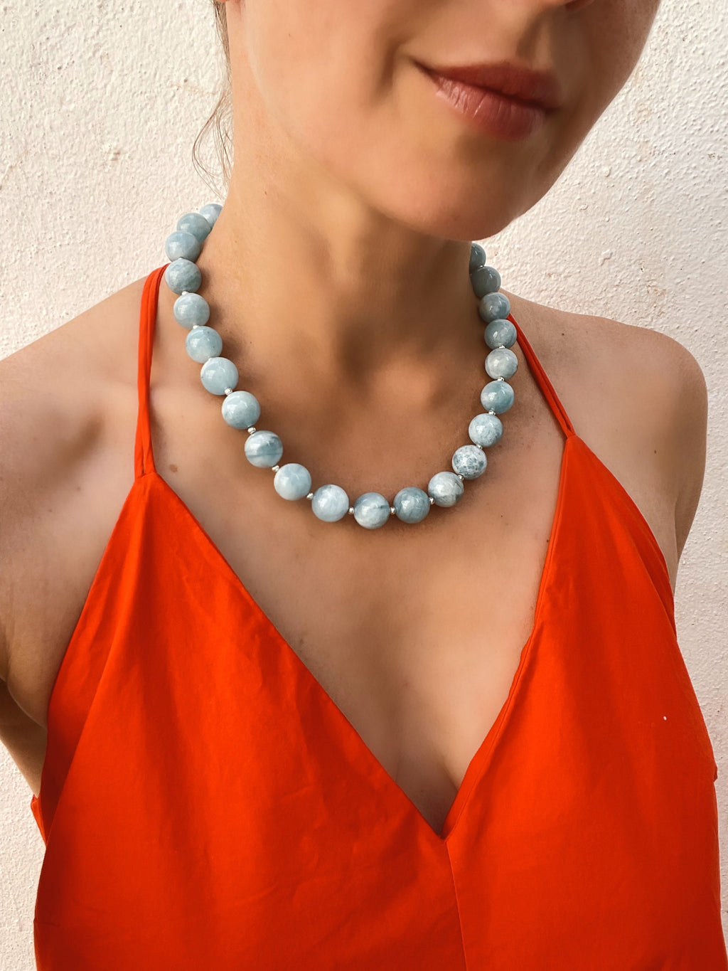 Chunky aquamarine beaded necklace, oversized genuine aquamarine necklace in sterling silver