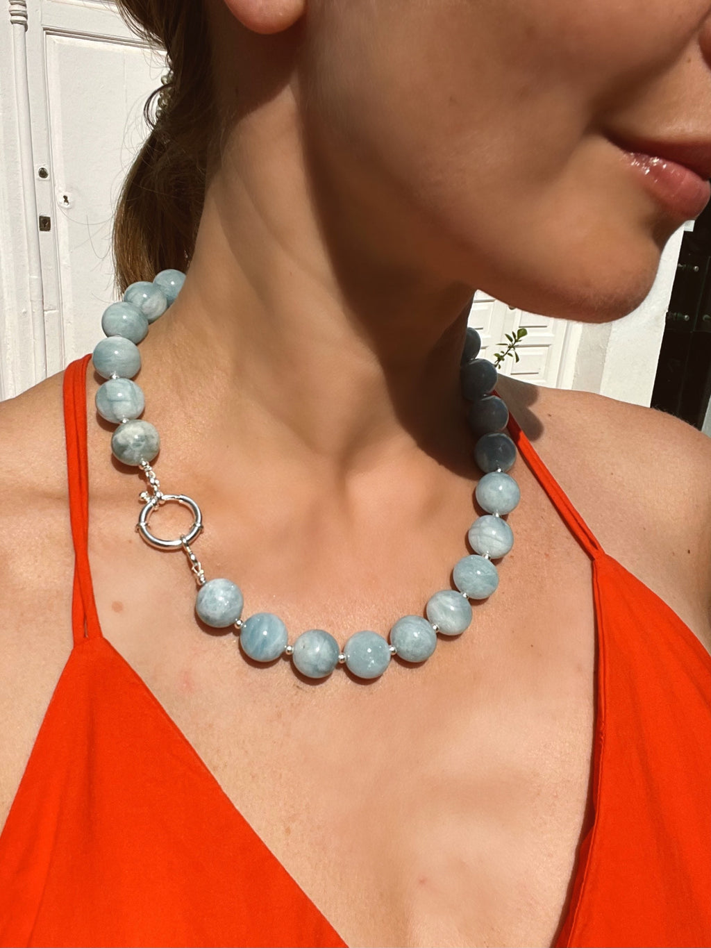 Chunky aquamarine beaded necklace, oversized genuine aquamarine necklace in sterling silver