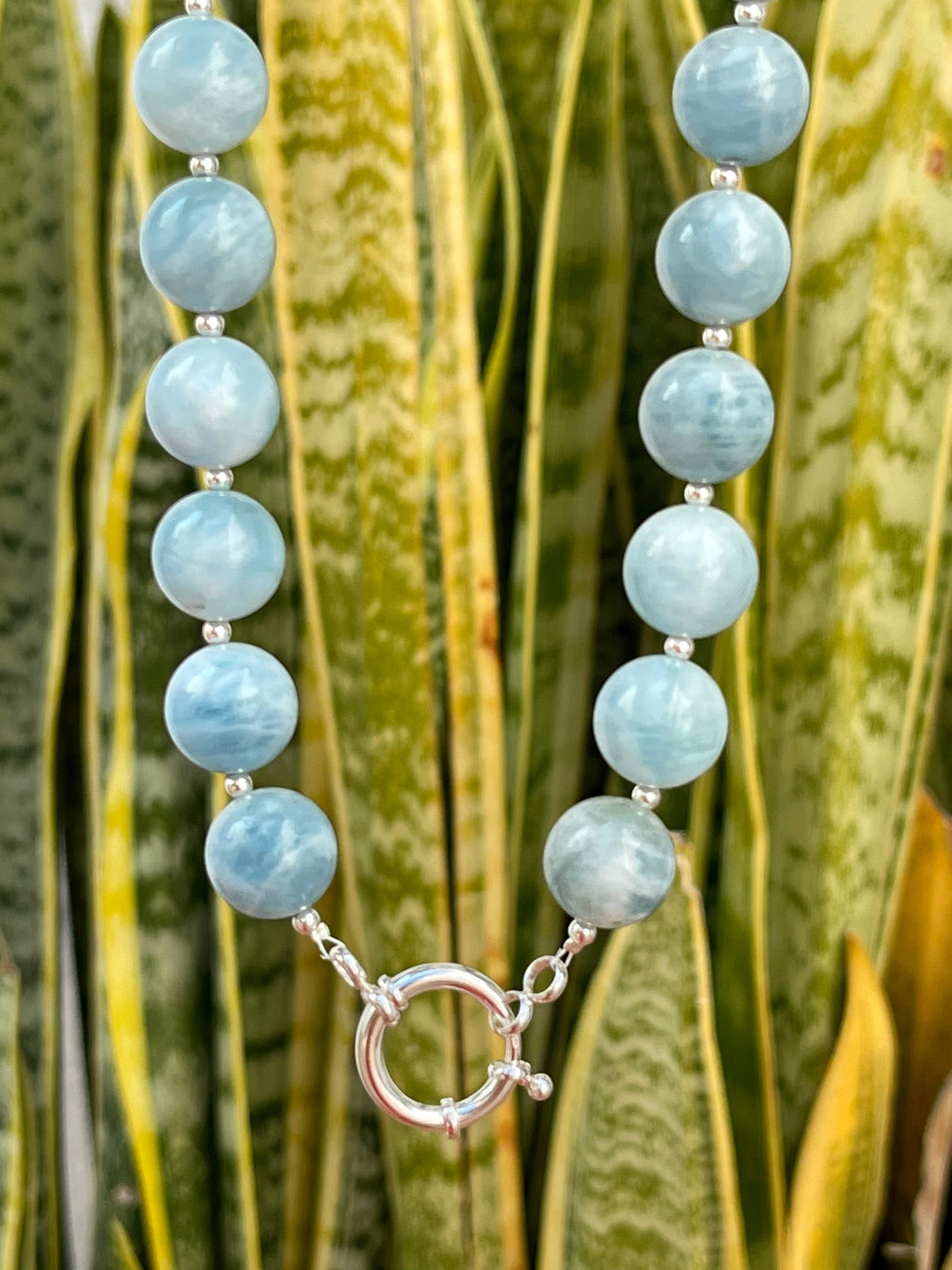 Chunky aquamarine beaded necklace, oversized genuine aquamarine necklace in sterling silver
