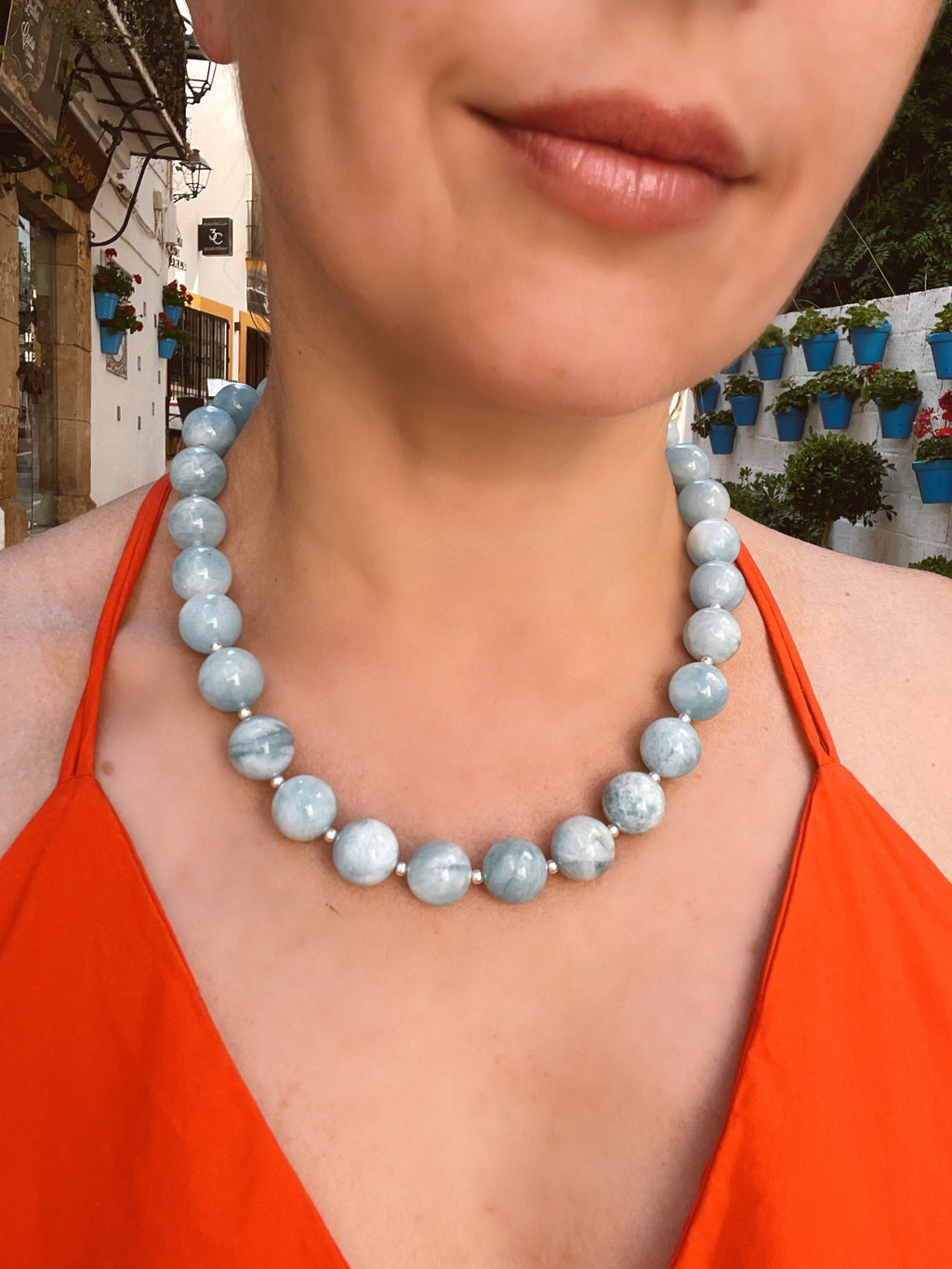 Chunky aquamarine beaded necklace, oversized genuine aquamarine necklace in sterling silver