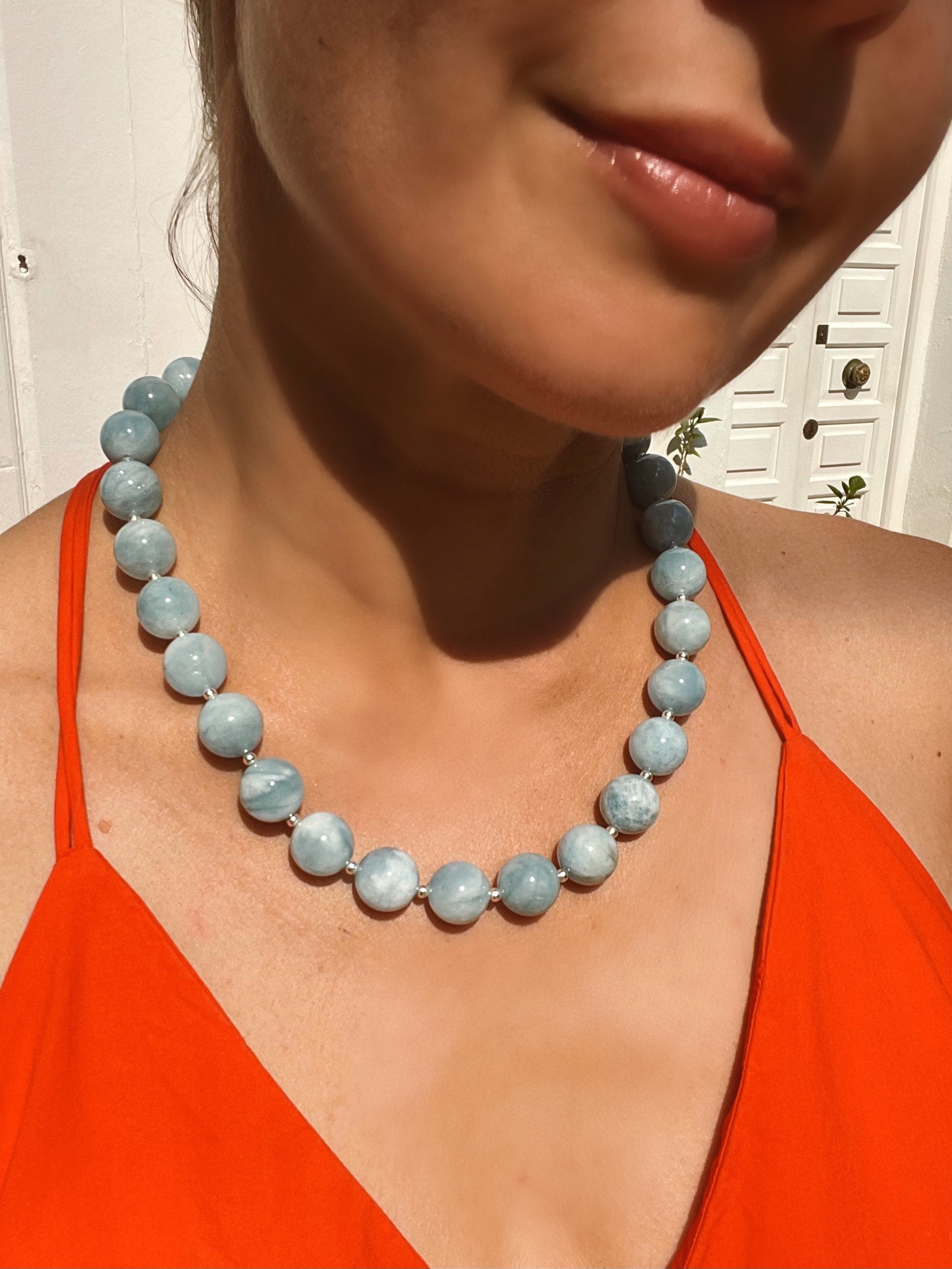 Chunky aquamarine beaded necklace, oversized genuine aquamarine necklace in sterling silver