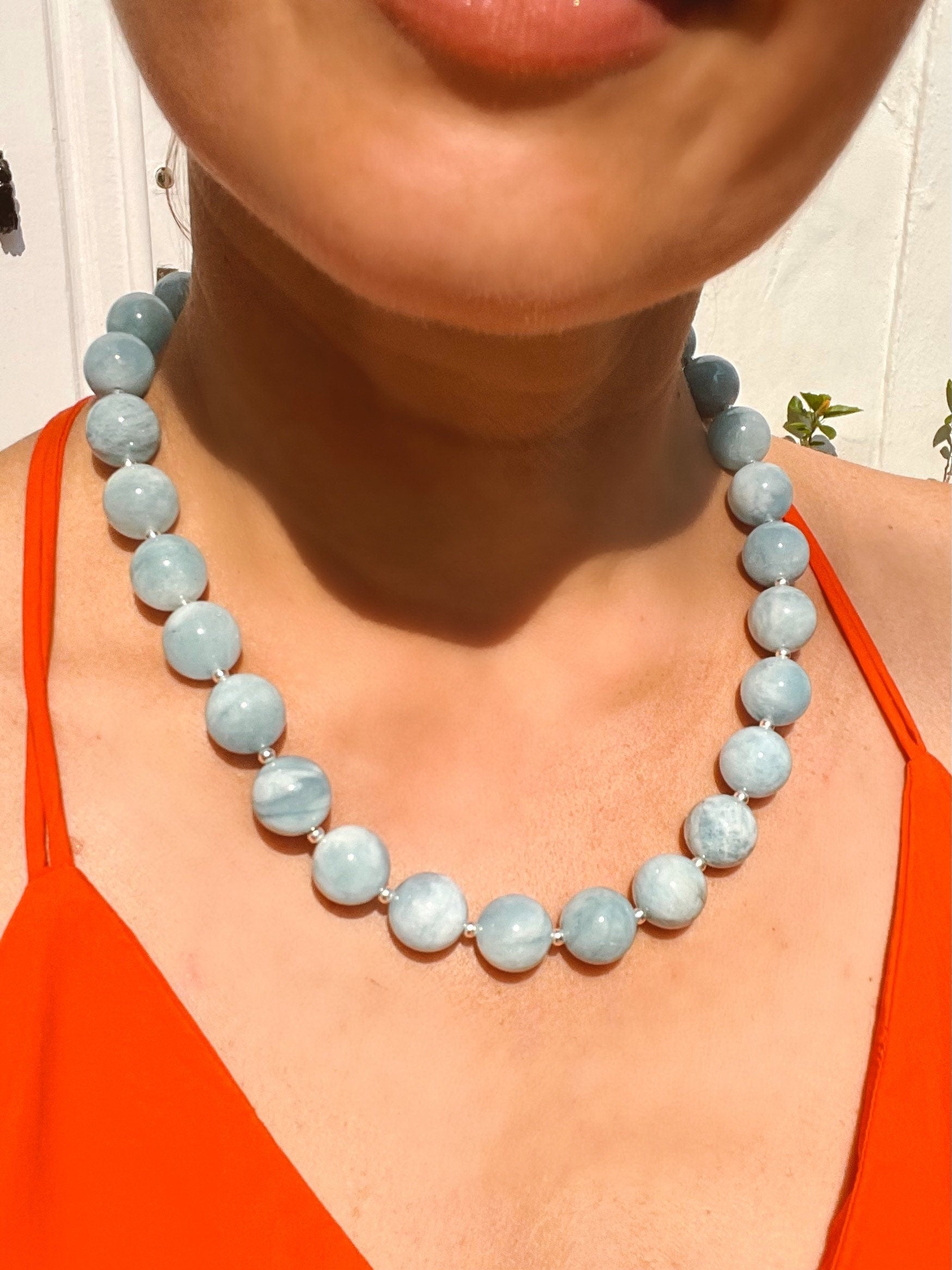 Chunky aquamarine beaded necklace, oversized genuine aquamarine necklace in sterling silver