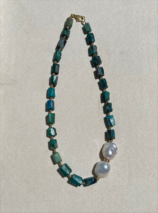 Baroque chrysocolla and baroque pearls statement necklace