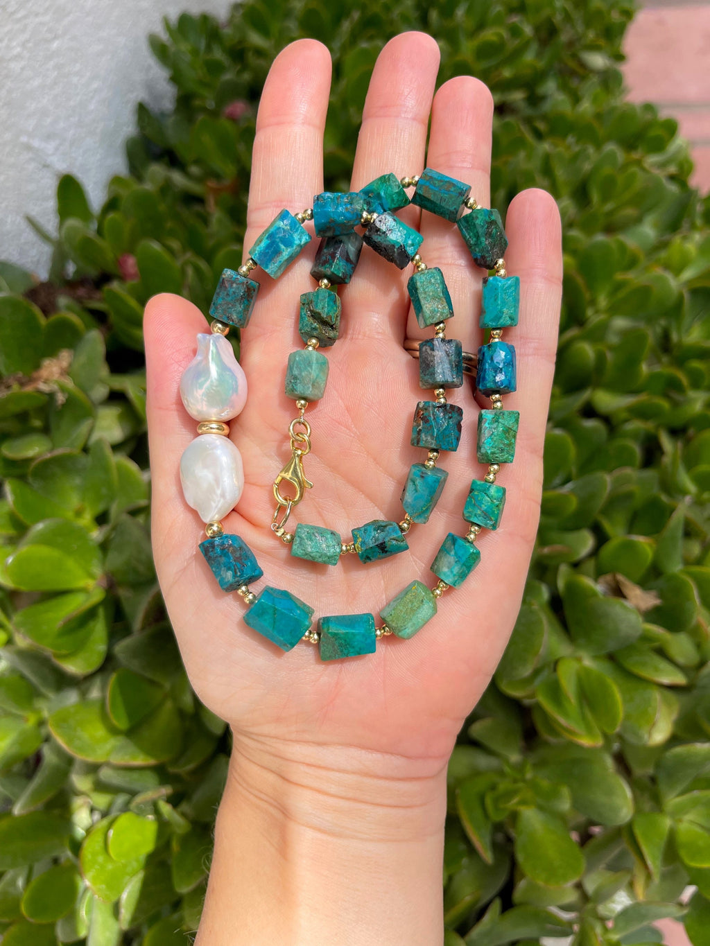 Baroque Chrysocolla and Pearl Statement Necklace