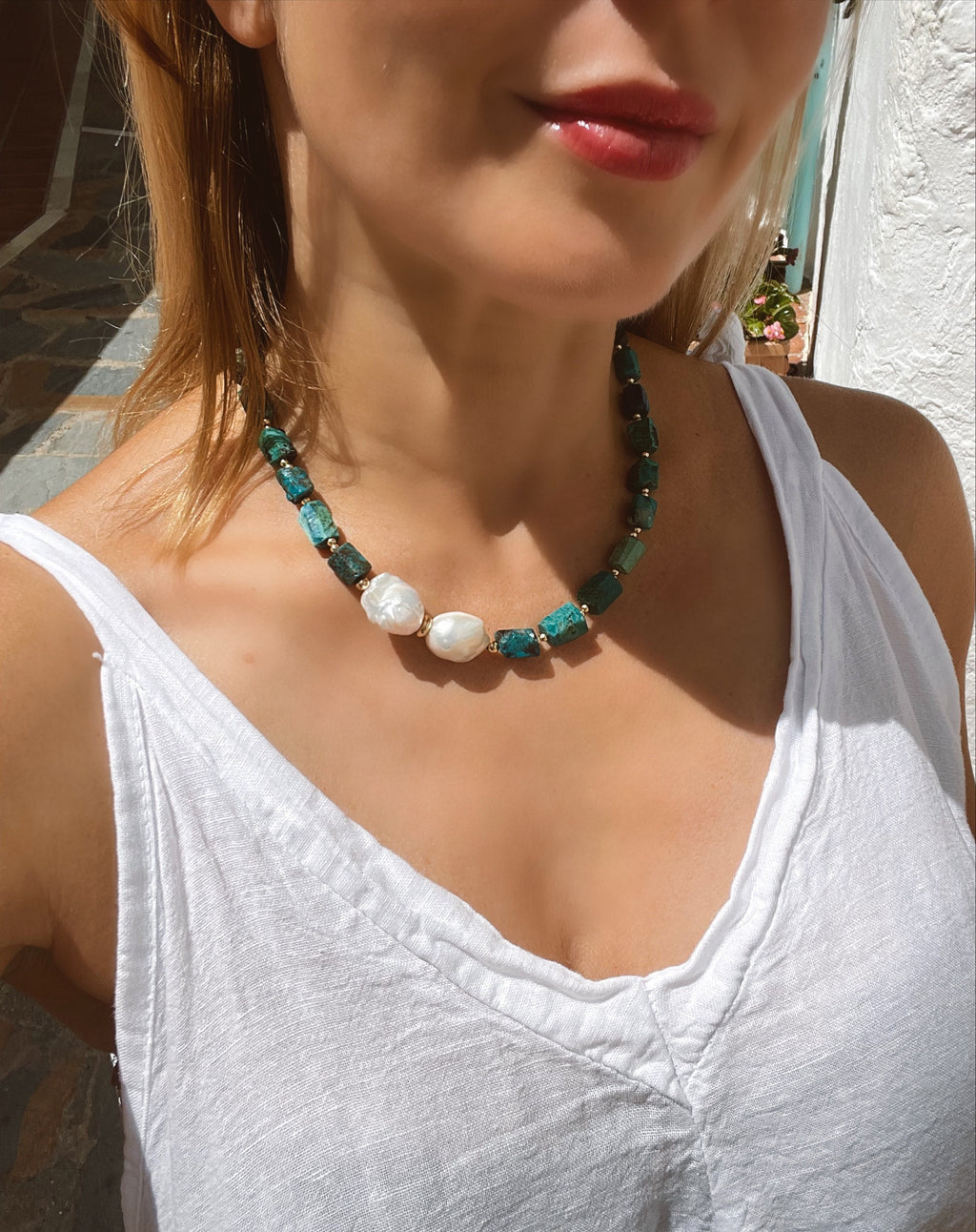 Baroque Chrysocolla and Pearl Statement Necklace