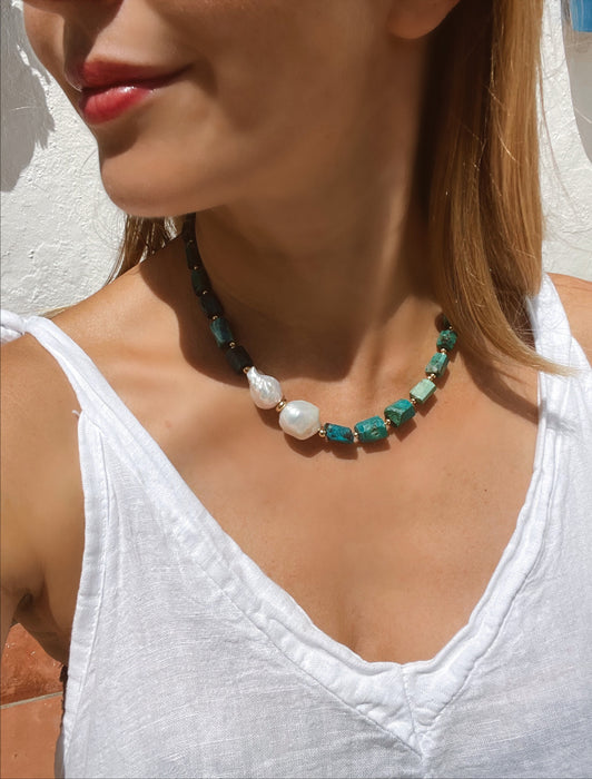 Baroque chrysocolla and baroque pearls statement necklace