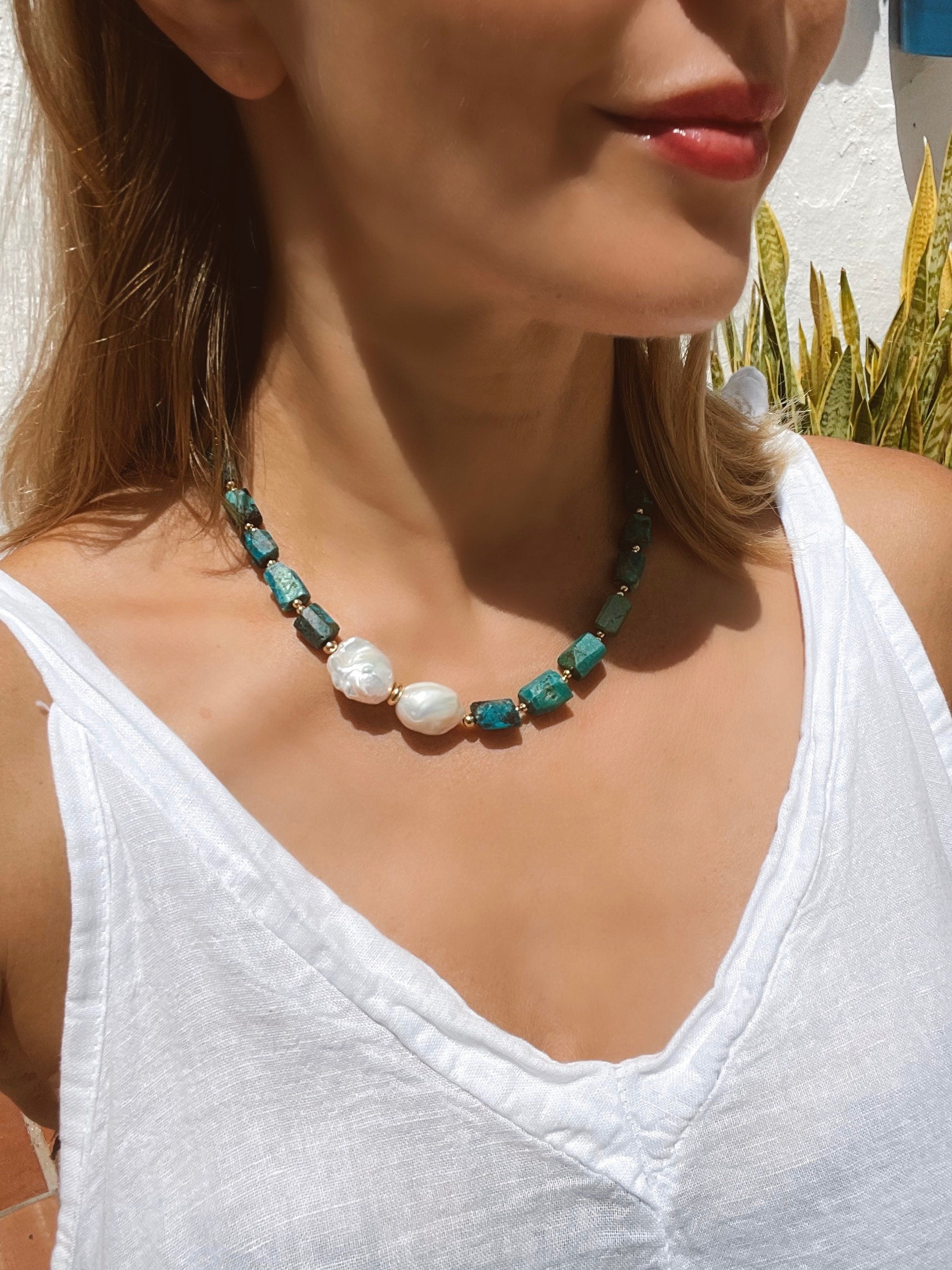 Baroque Chrysocolla and Pearl Statement Necklace