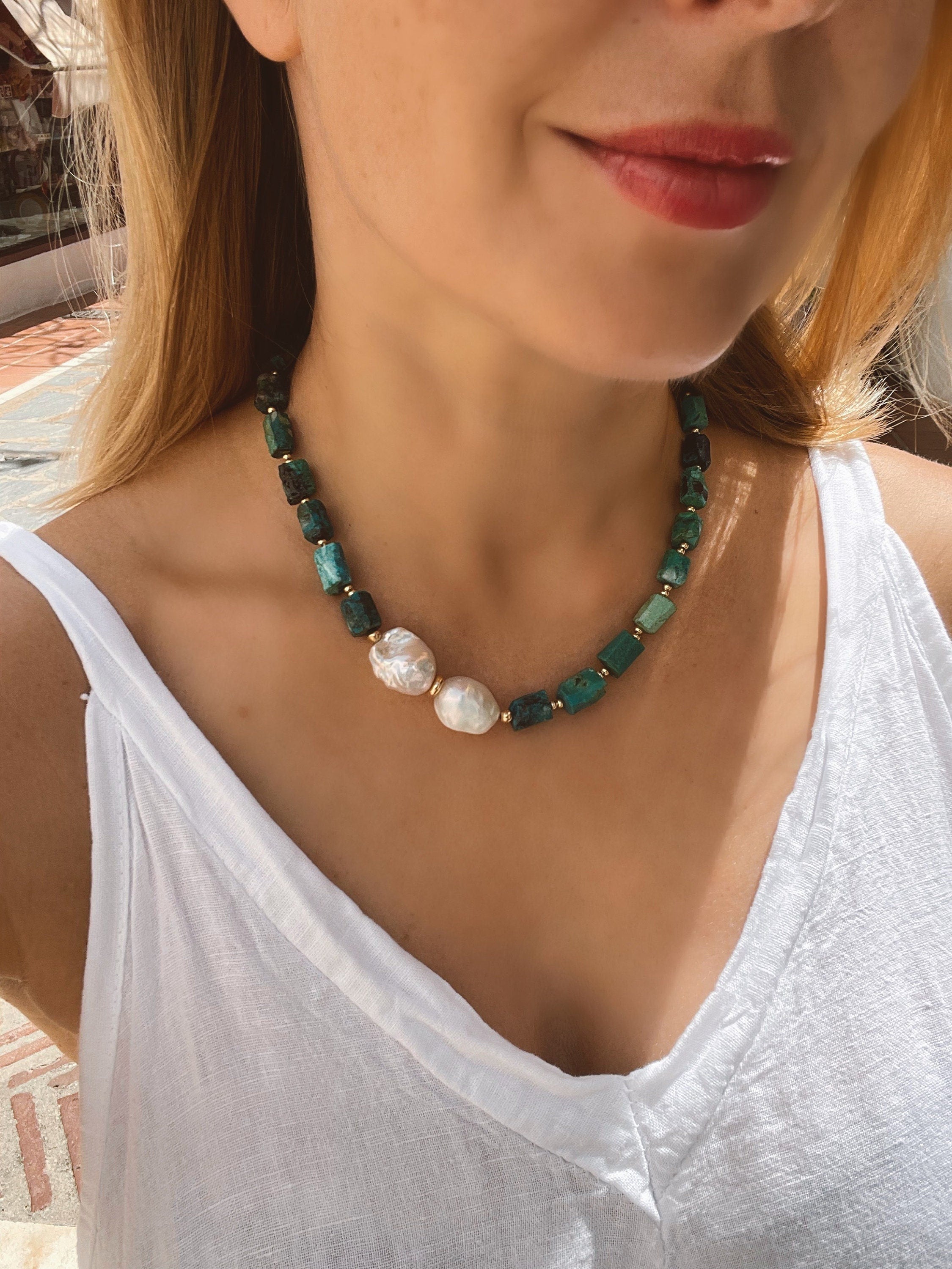 Baroque Chrysocolla and Pearl Statement Necklace