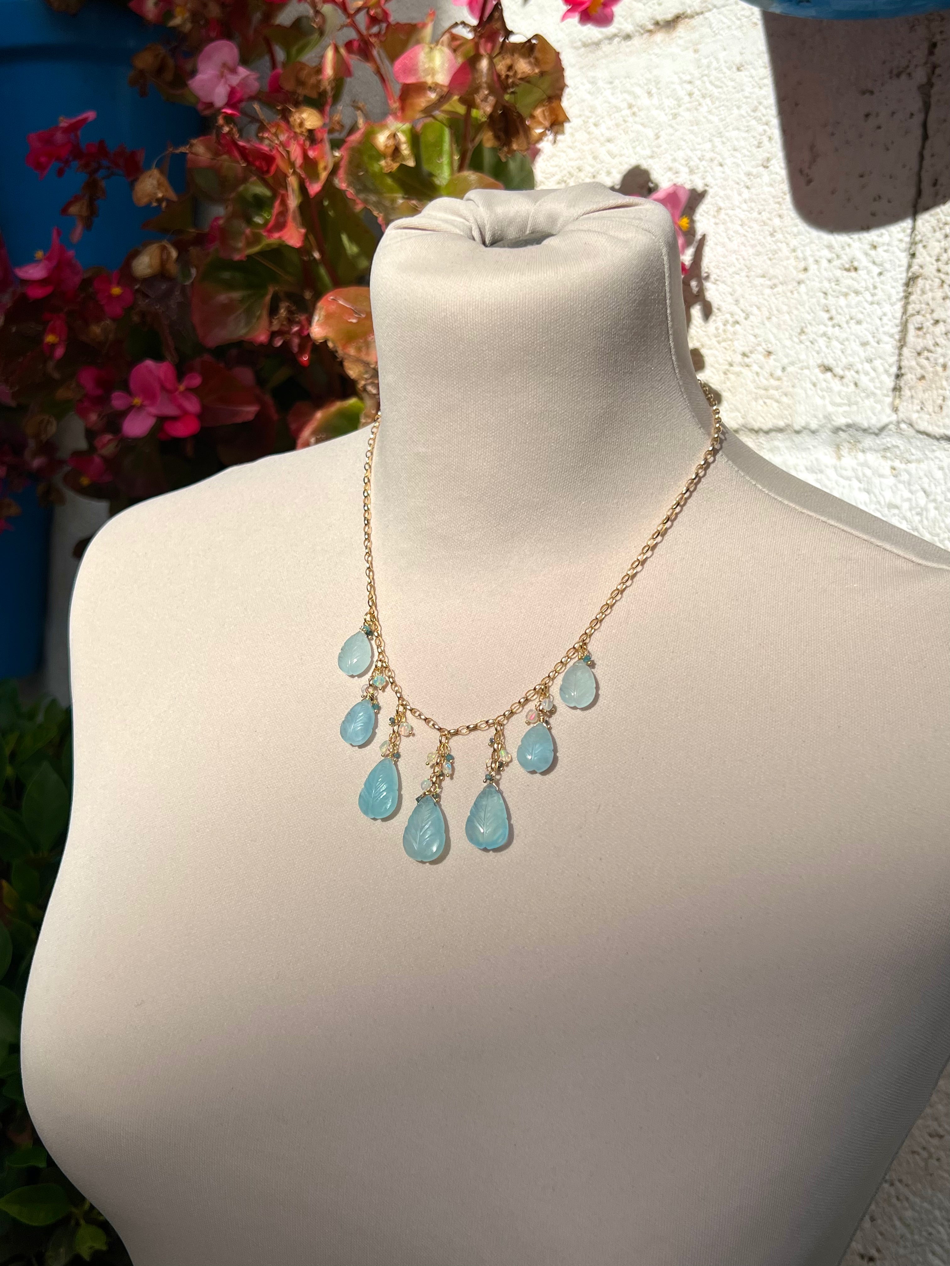 Carved aquamarine leaves necklace