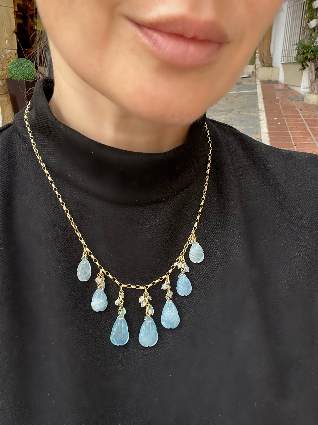 Carved aquamarine leaves necklace