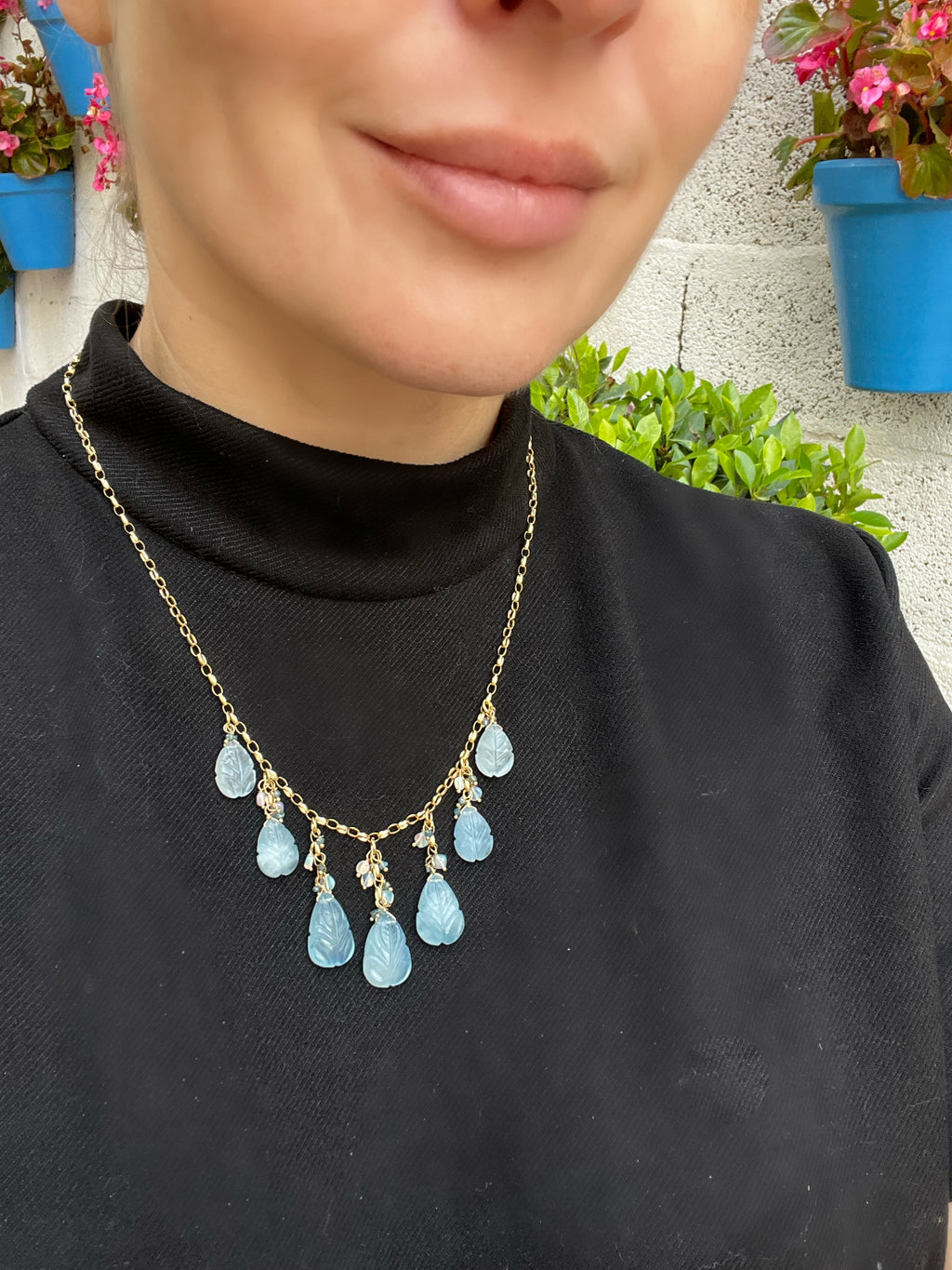 Carved aquamarine leaves necklace