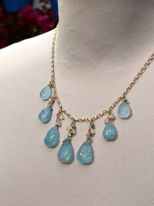 Carved aquamarine leaves necklace