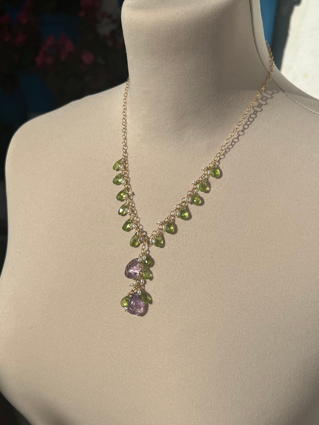 Necklace “Flora”, Carved amethyst flower and peridot drops necklace